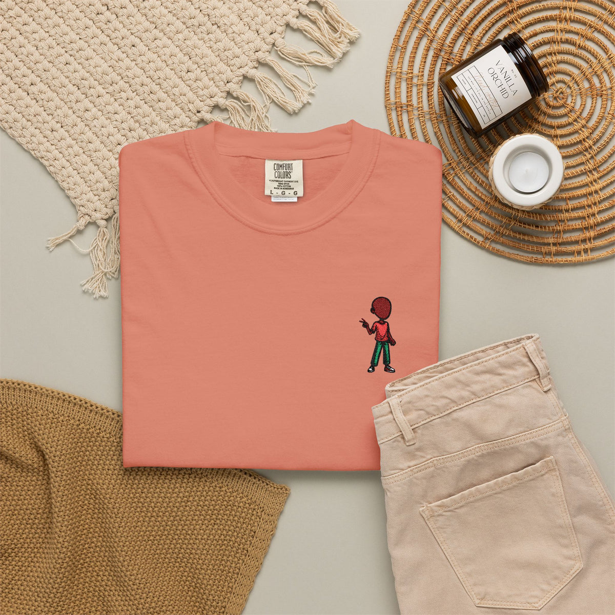 T-Shirt — Tiny Red-Haired Skateboarder Chest Graphic, Minimal Streetwear Tee