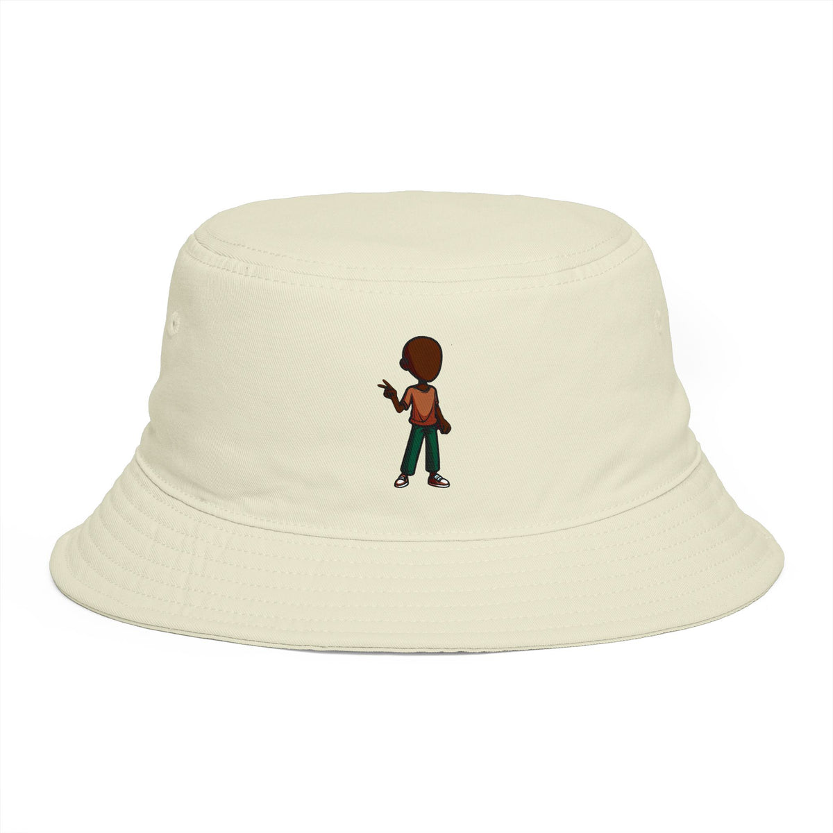 Brown Streetwear Bucket Hat with Small Kid Cartoon Graphic