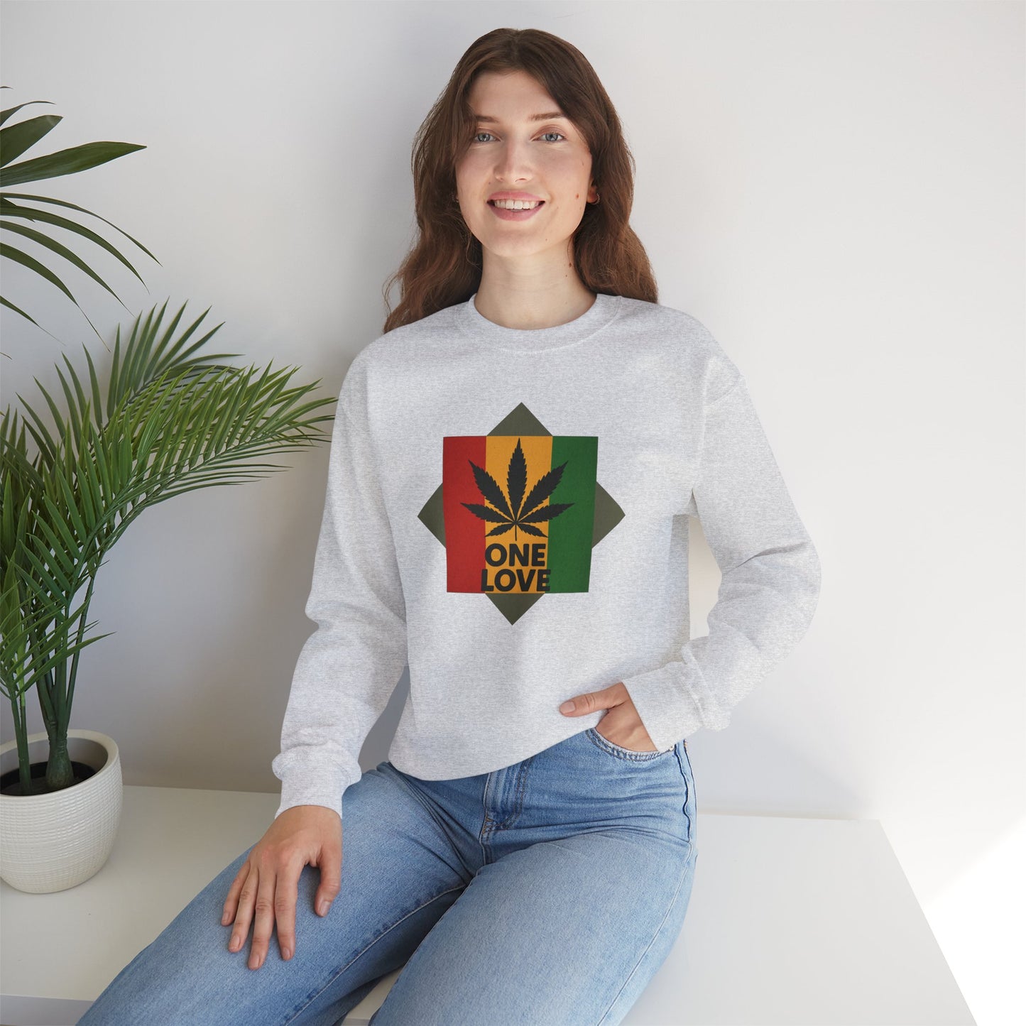 One Love Cannabis Crewneck Sweatshirt | Unisex Pullover | Cozy Streetwear, Gift for Stoners, Rasta Style Sweatshirt, Chill Vibes Apparel