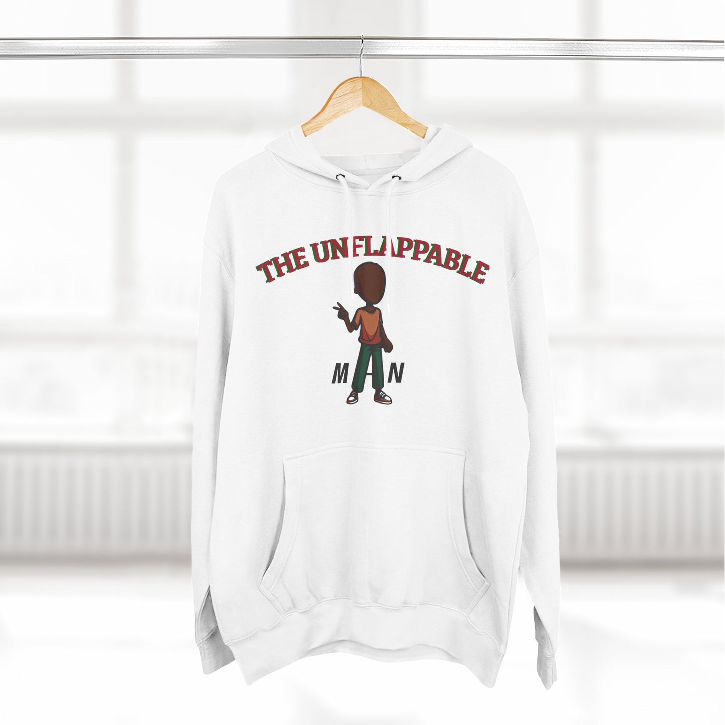 Unflappable Man Hoodie — Graphic Fleece Pullover with Cartoon Character