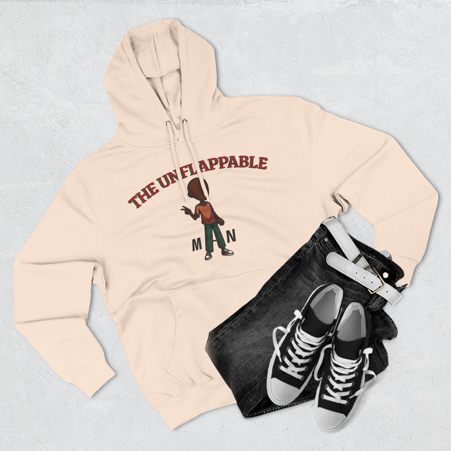 Unflappable Man Hoodie — Graphic Fleece Pullover with Cartoon Character