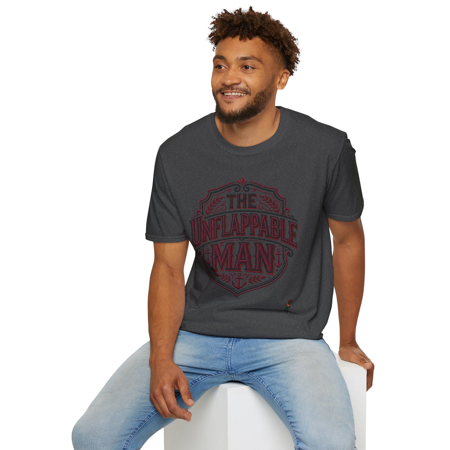 The Unflappable Man T-Shirt — Vintage Shield Graphic Tee for Confident Guys