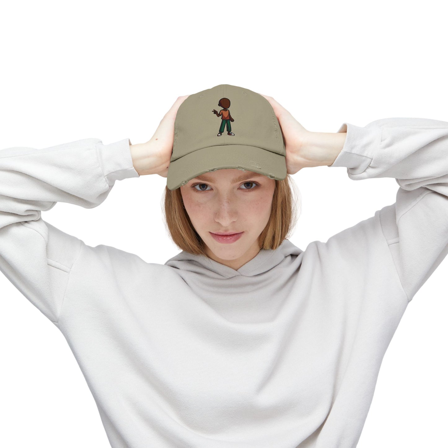 Distressed Black Dad Hat with Retro Boy Graphic — Casual Streetwear Cap