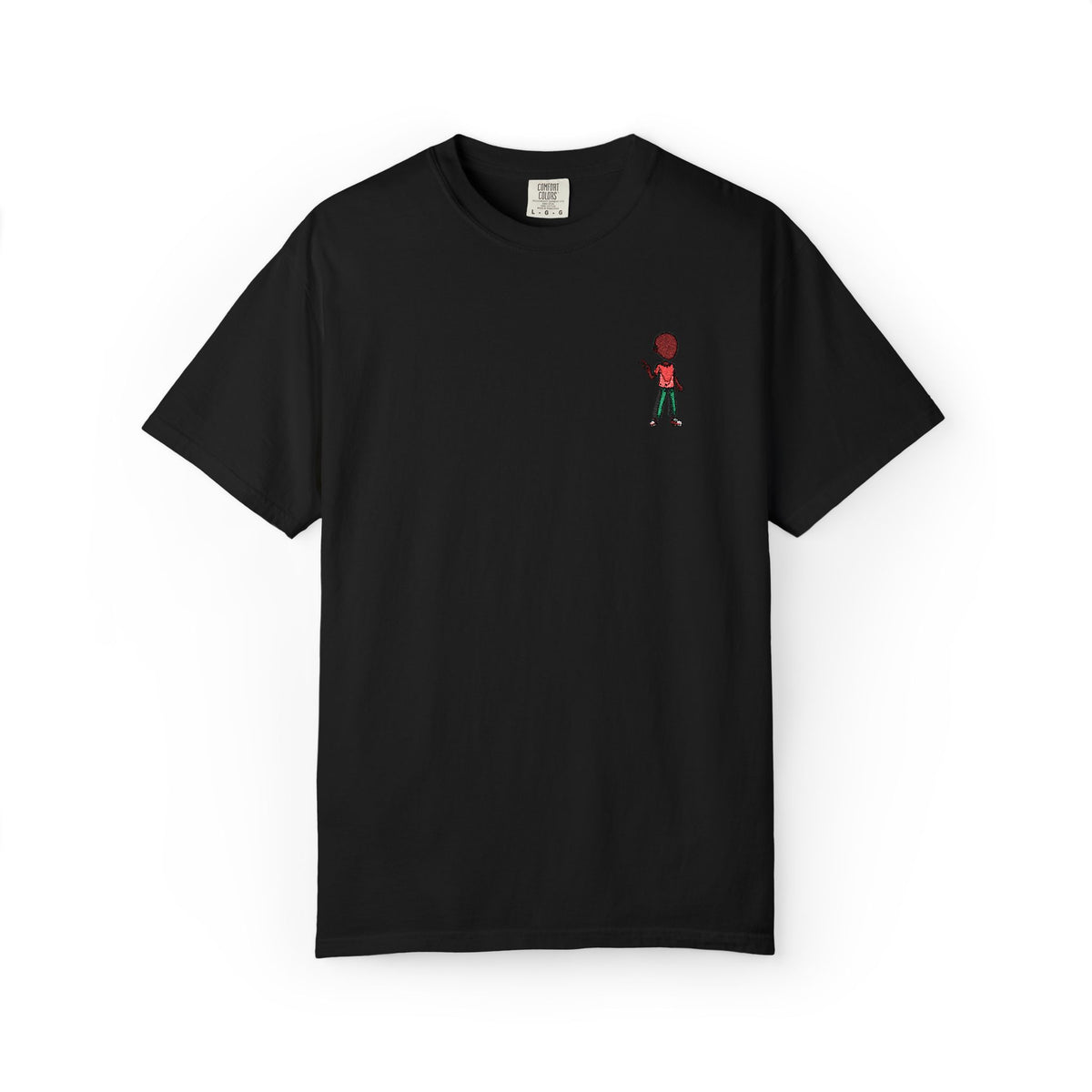 T-Shirt — Tiny Red-Haired Skateboarder Chest Graphic, Minimal Streetwear Tee