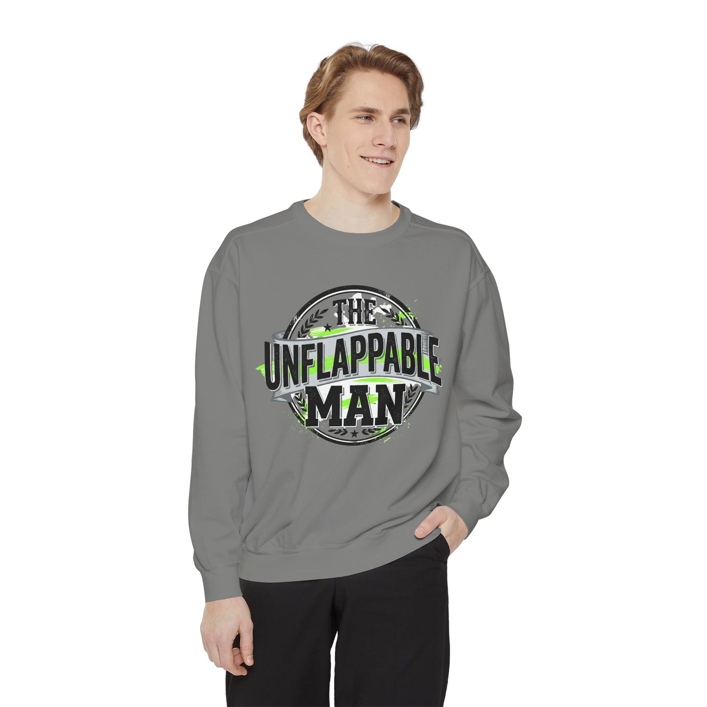The Unflappable Man Sweatshirt — Retro Badge Graphic Crewneck