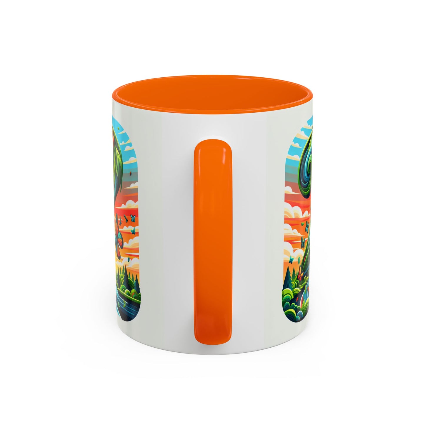 Nature-Inspired Accent Coffee Mug - Vibrant Green Design with Butterflies and Scenic View