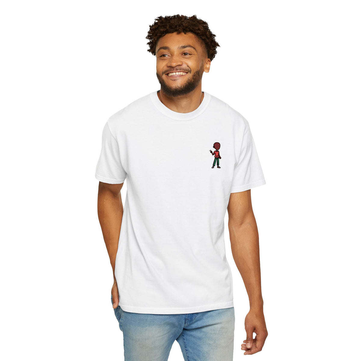 T-Shirt — Tiny Red-Haired Skateboarder Chest Graphic, Minimal Streetwear Tee