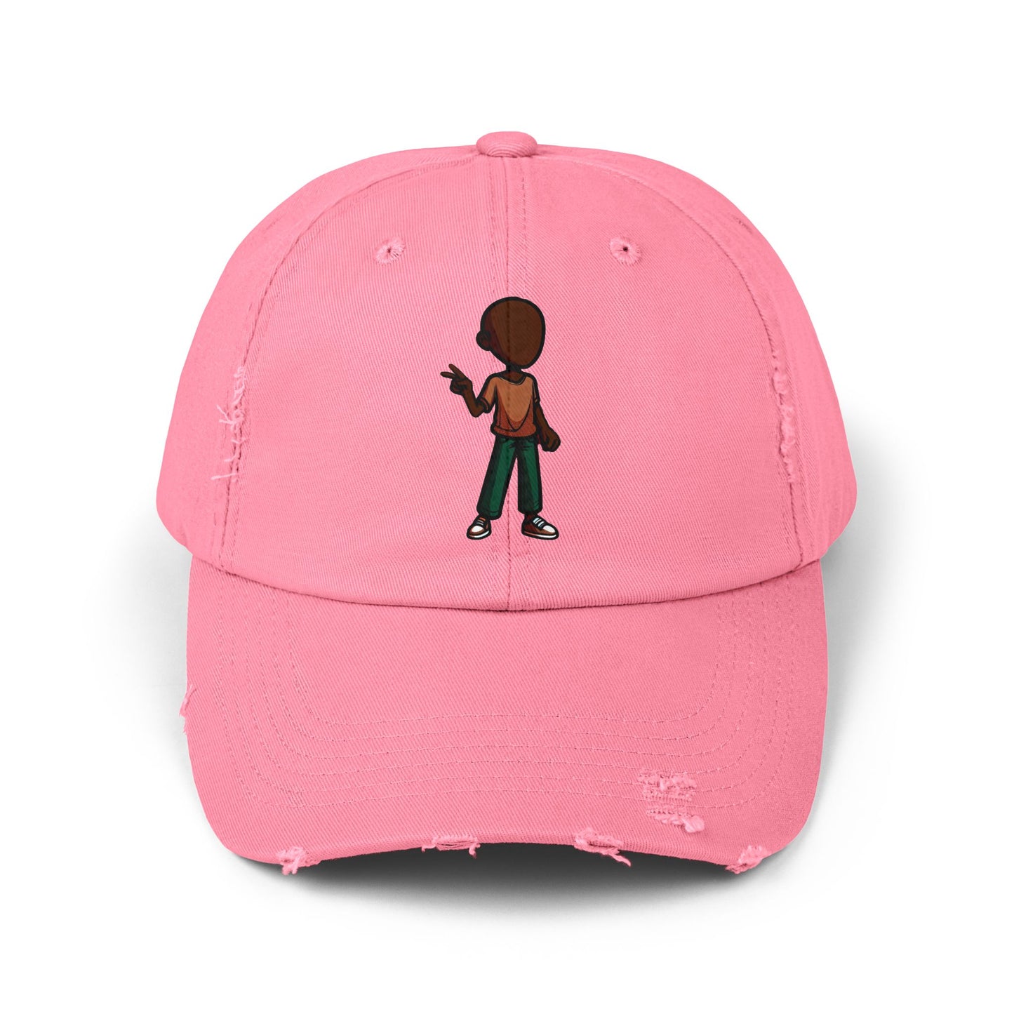Distressed Black Dad Hat with Retro Boy Graphic — Casual Streetwear Cap