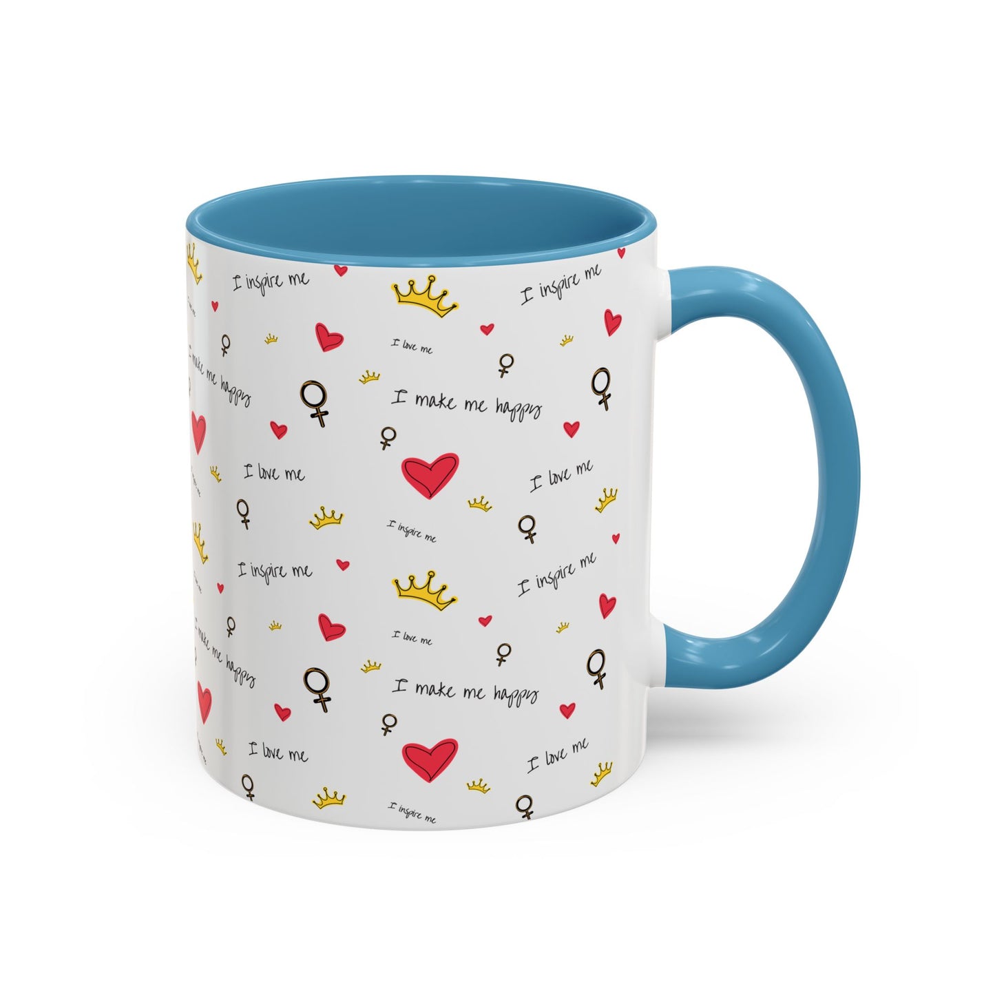 Inspirational Accent Coffee Mug - "I Love Me", Red Hearts and Crowns, Perfect Gift for Self-Care