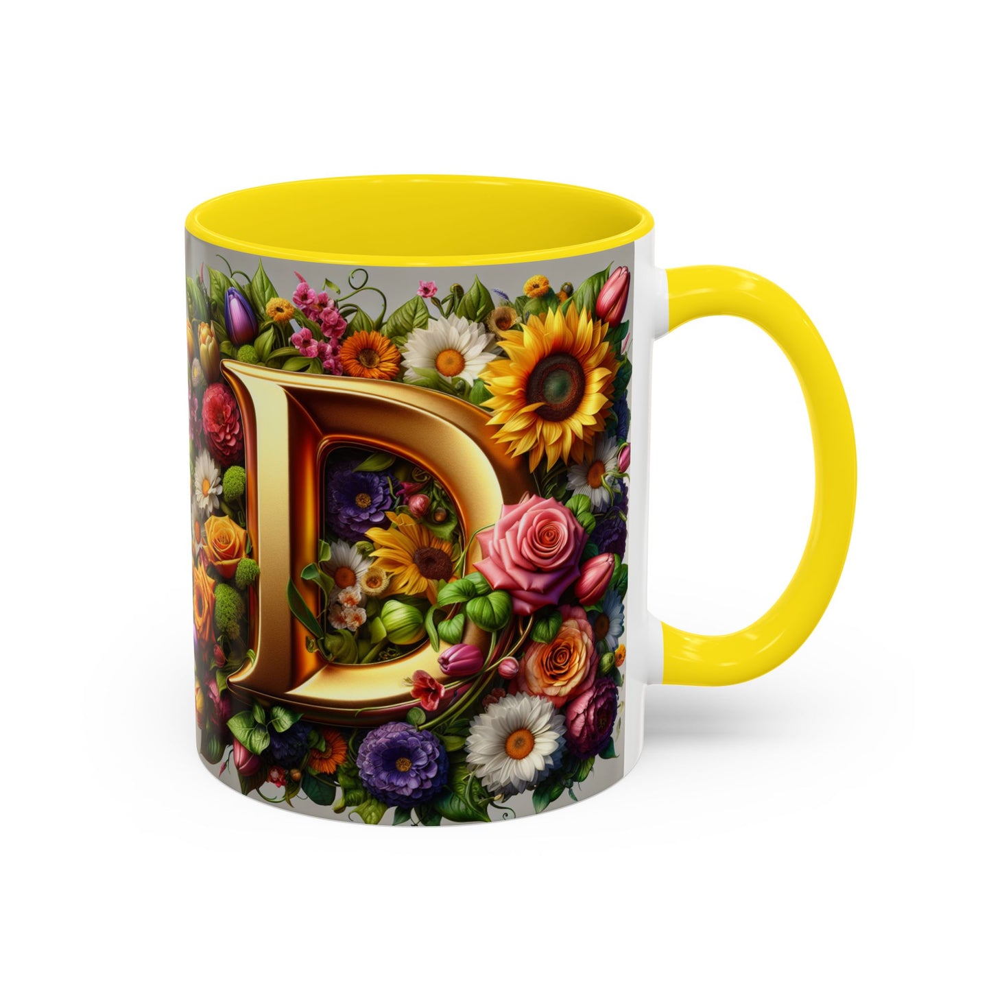 Floral Letter D Accent Coffee Mug - Colorful Personalized Drinkware for Nature Lovers