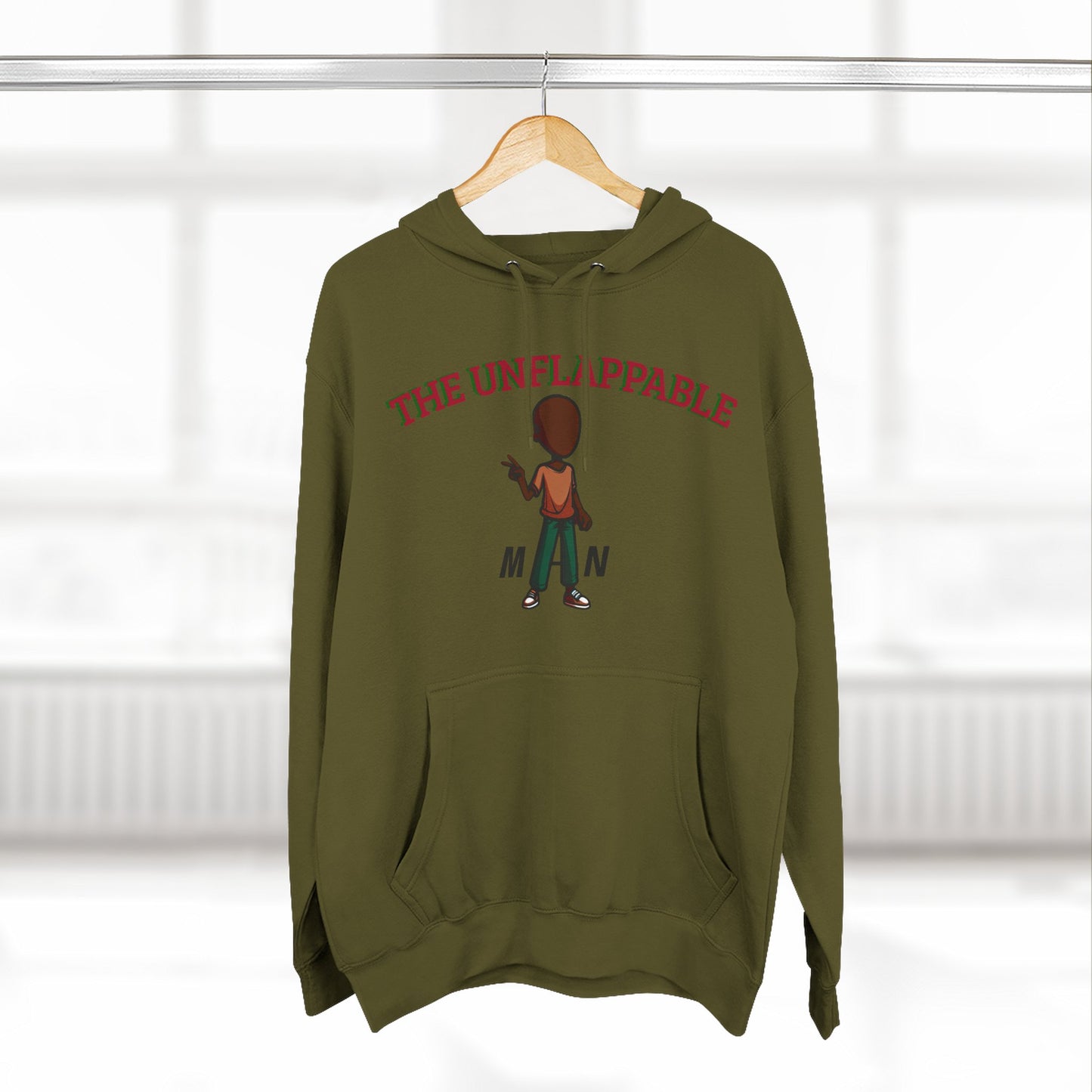 Unflappable Man Hoodie — Graphic Fleece Pullover with Cartoon Character