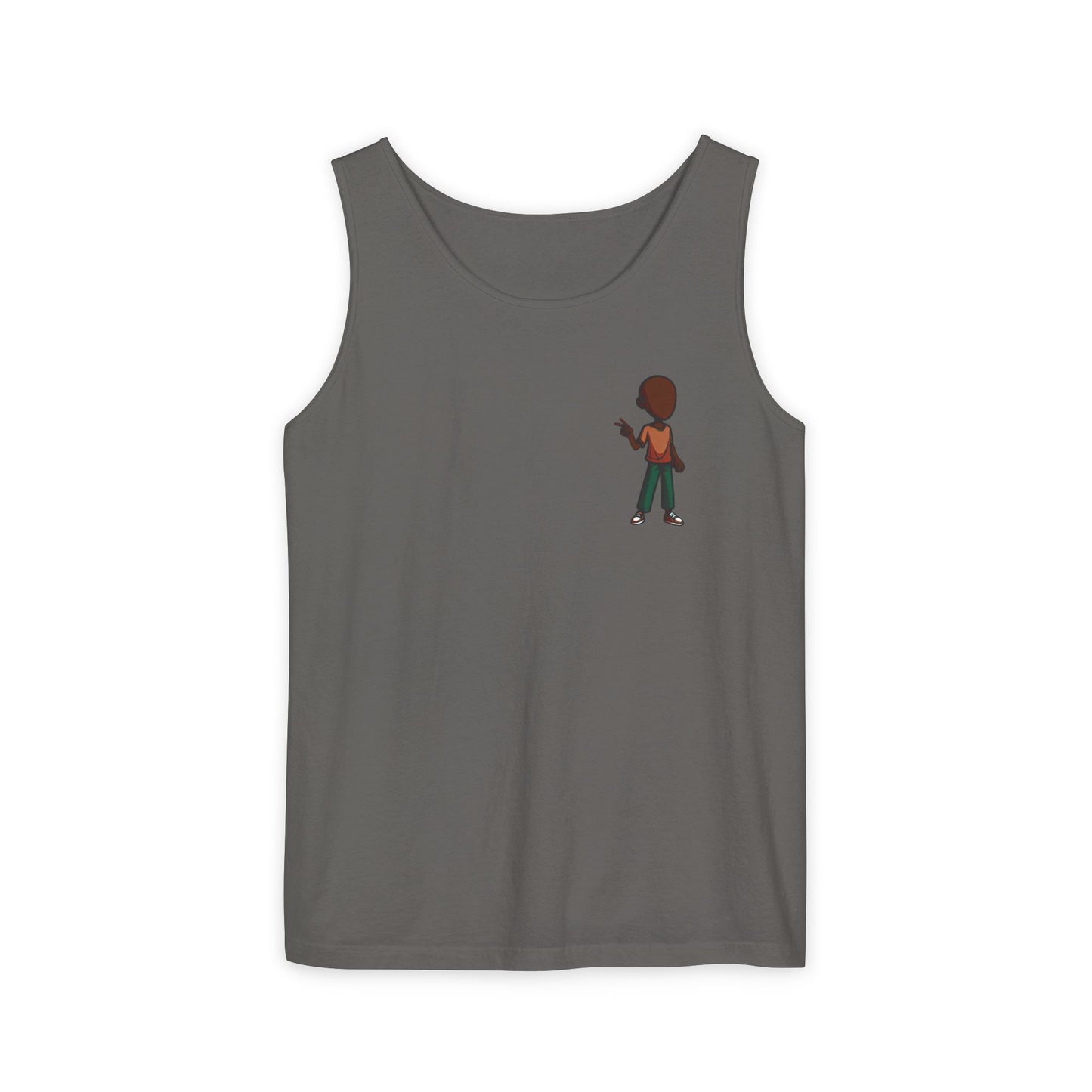 Minimalist Coffee Lover Tank — Small Cartoon Person Holding Mug Graphic Tank Top