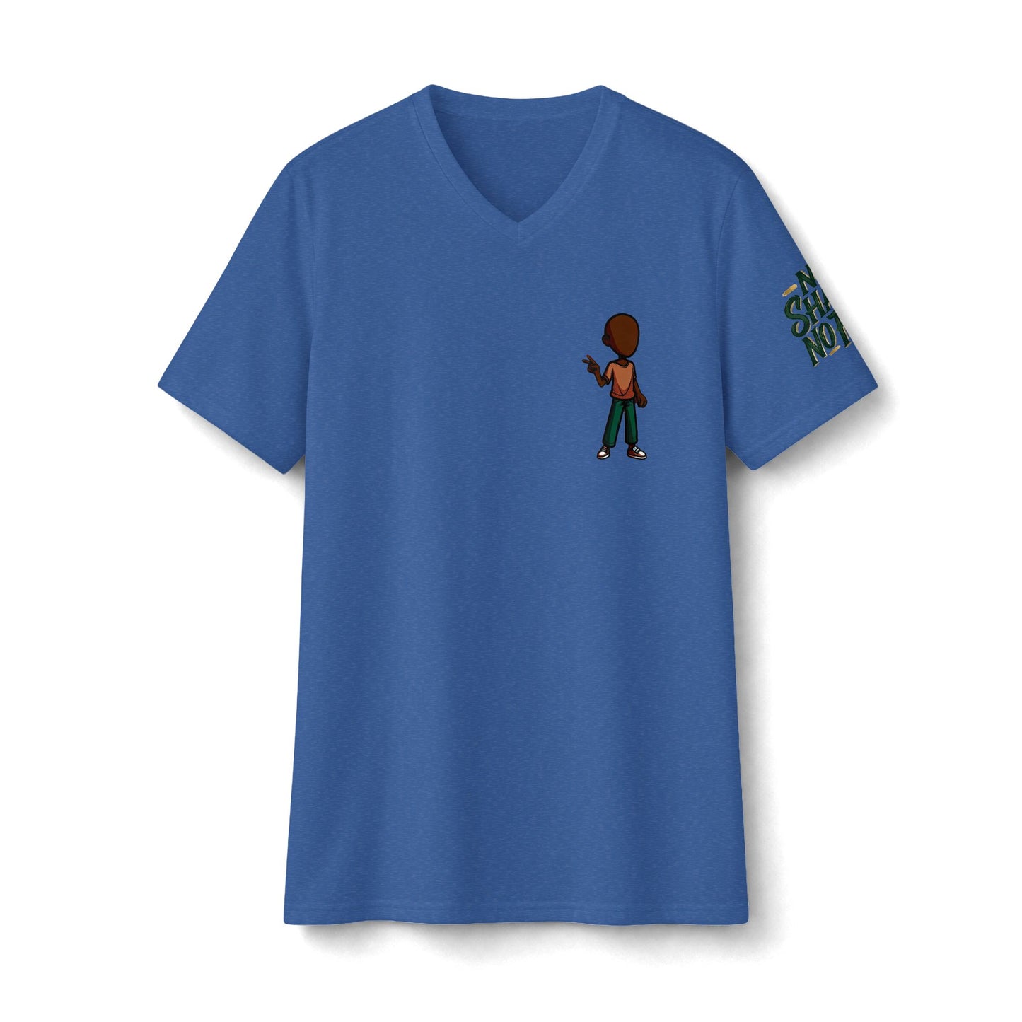 V‑Neck Tee — Small Backturned Character Chest Print with “No Smoke No Ash” Sleeve Text
