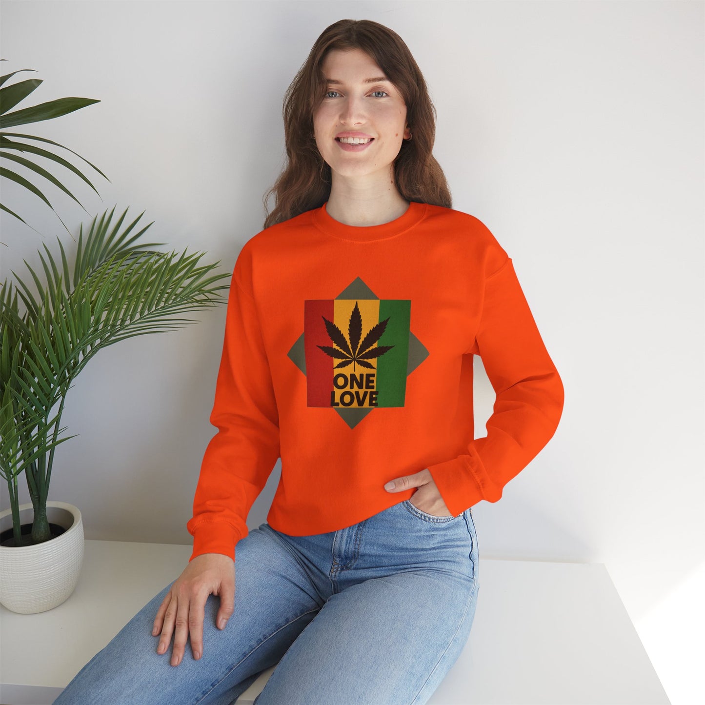 One Love Cannabis Crewneck Sweatshirt | Unisex Pullover | Cozy Streetwear, Gift for Stoners, Rasta Style Sweatshirt, Chill Vibes Apparel