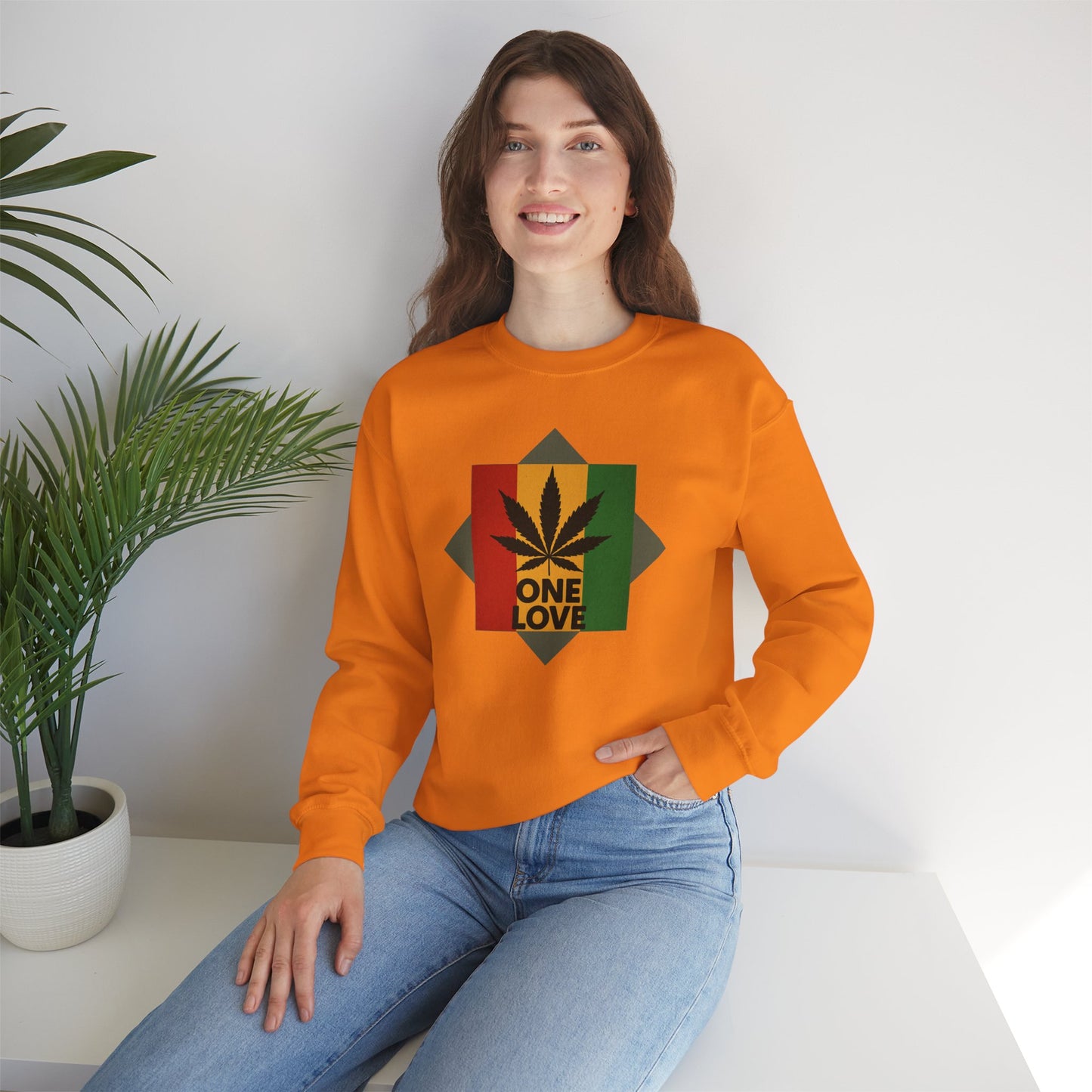 One Love Cannabis Crewneck Sweatshirt | Unisex Pullover | Cozy Streetwear, Gift for Stoners, Rasta Style Sweatshirt, Chill Vibes Apparel