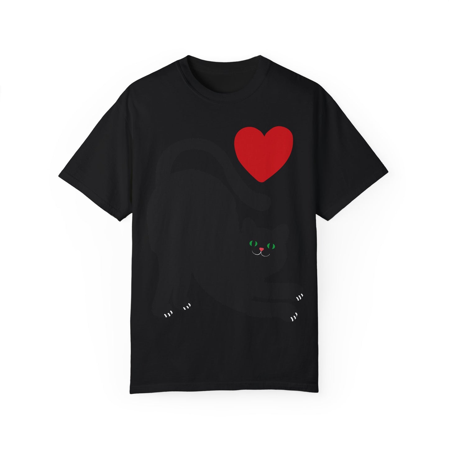 Cute Cat Lover's Unisex Garment-Dyed T-Shirt - Playful Black Cat with Heart Design