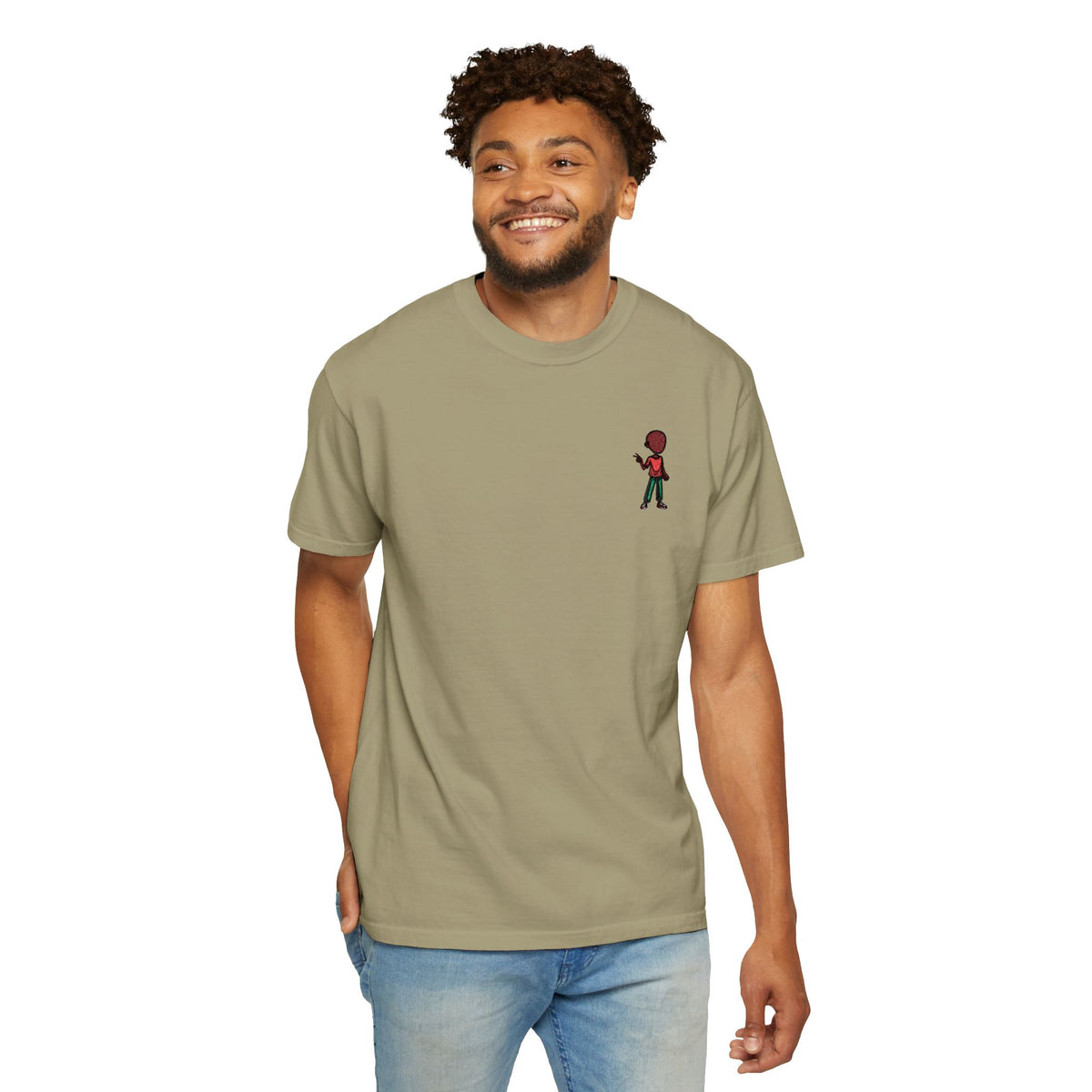 T-Shirt — Tiny Red-Haired Skateboarder Chest Graphic, Minimal Streetwear Tee