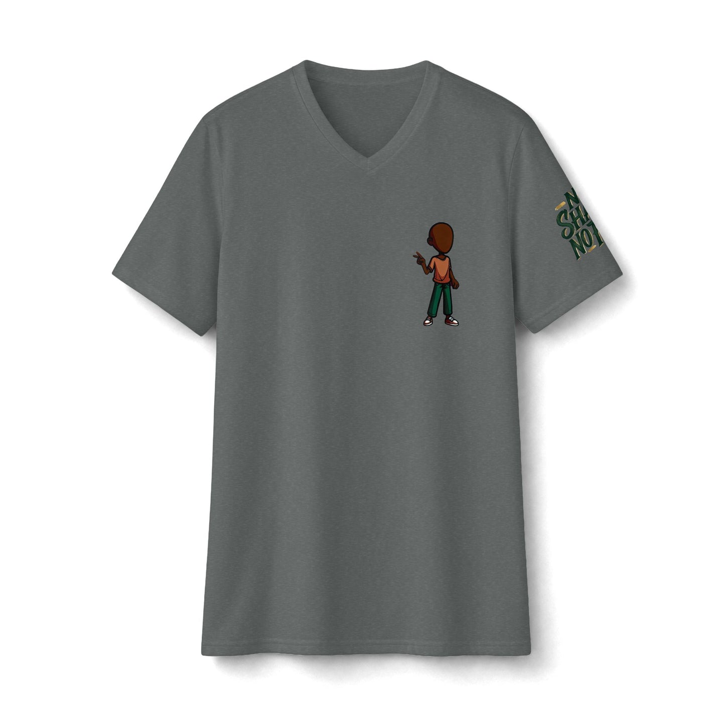 V‑Neck Tee — Small Backturned Character Chest Print with “No Smoke No Ash” Sleeve Text