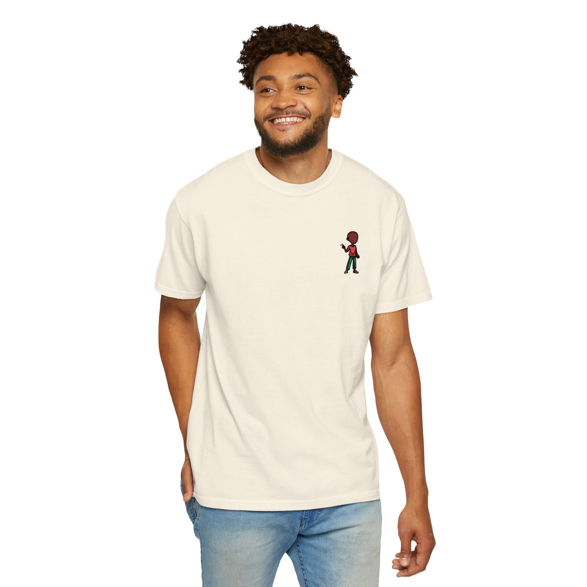 T-Shirt — Tiny Red-Haired Skateboarder Chest Graphic, Minimal Streetwear Tee