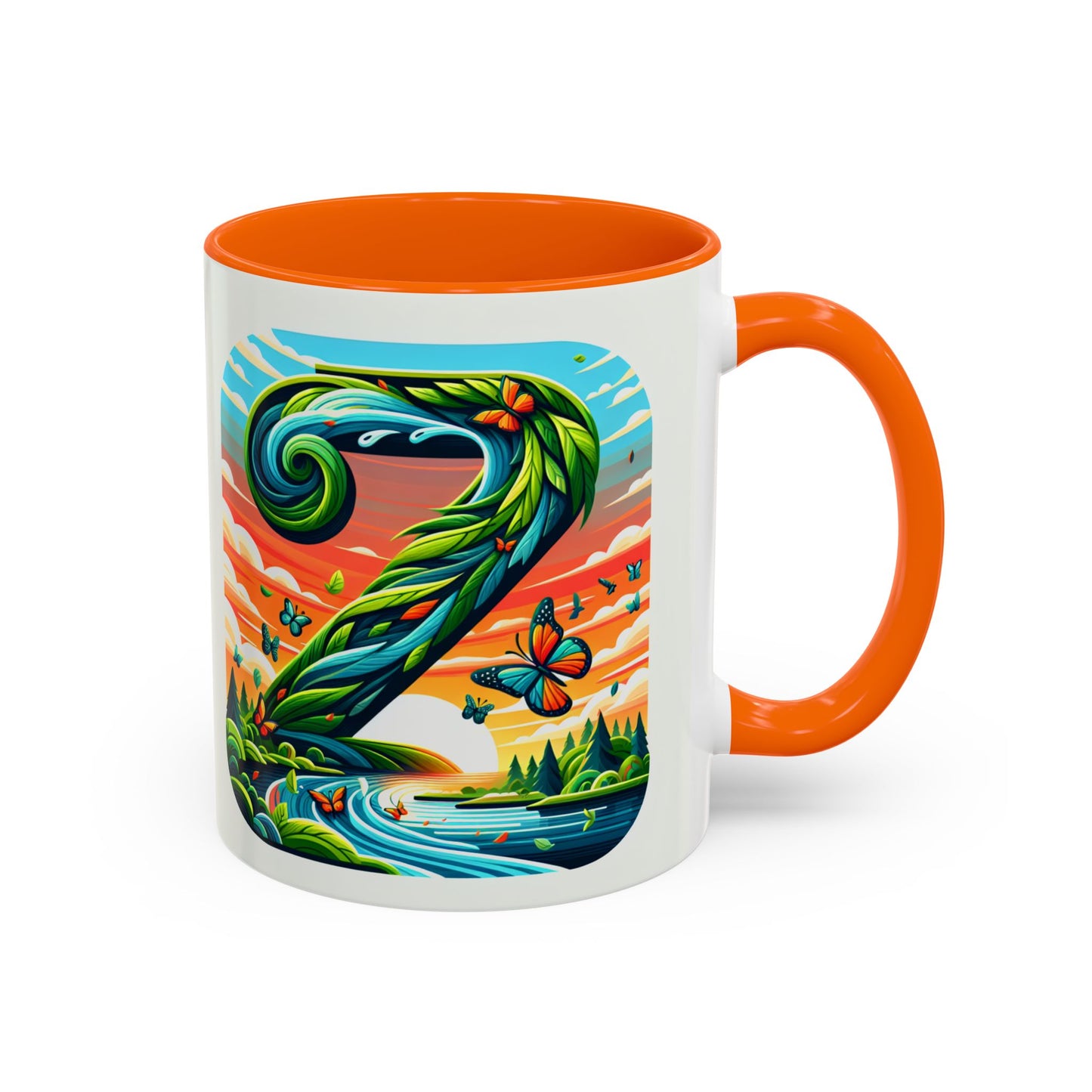 Nature-Inspired Accent Coffee Mug - Vibrant Green Design with Butterflies and Scenic View