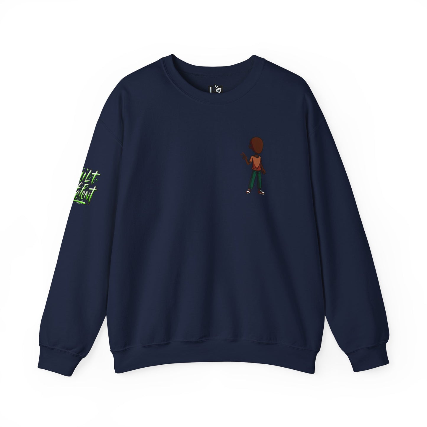 Crewneck Sweatshirt with Cartoon Guitarist & 'Rock On' Sleeve Graphic