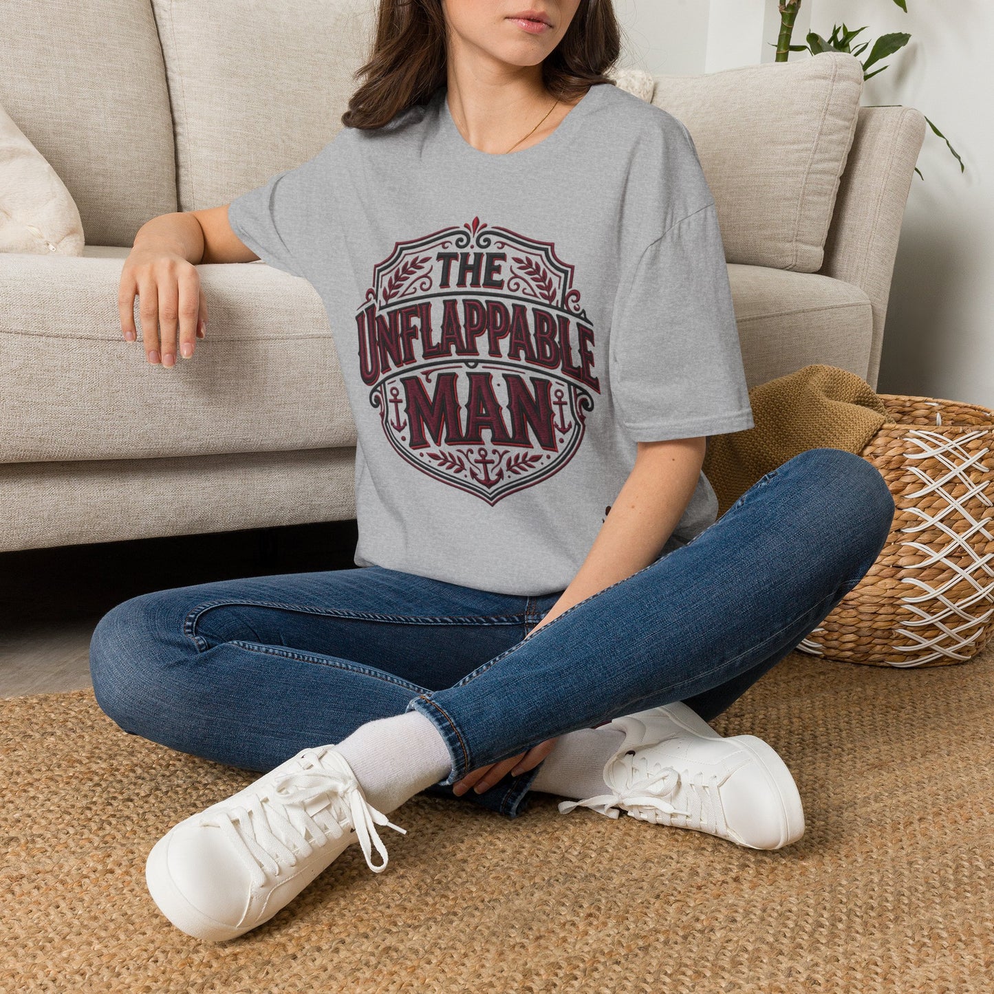 The Unflappable Man T-Shirt — Vintage Shield Graphic Tee for Confident Guys