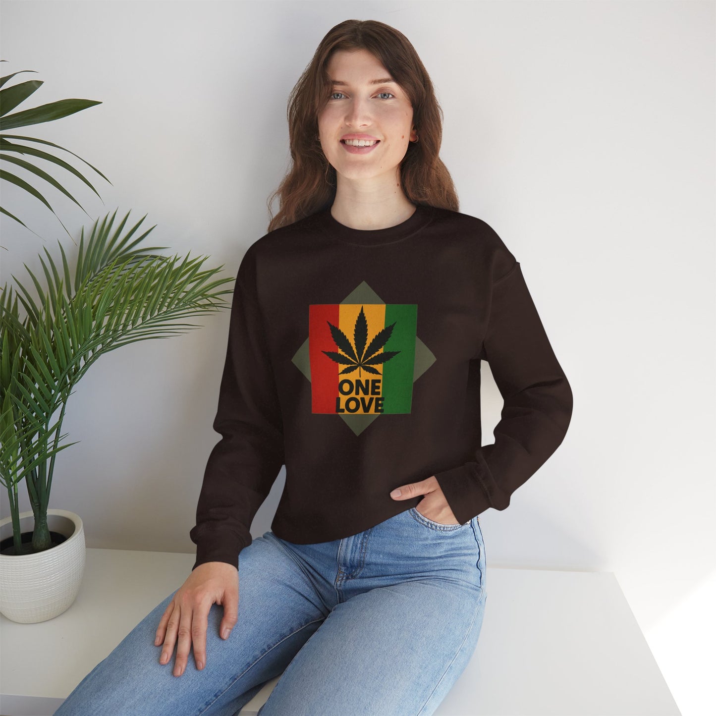 One Love Cannabis Crewneck Sweatshirt | Unisex Pullover | Cozy Streetwear, Gift for Stoners, Rasta Style Sweatshirt, Chill Vibes Apparel