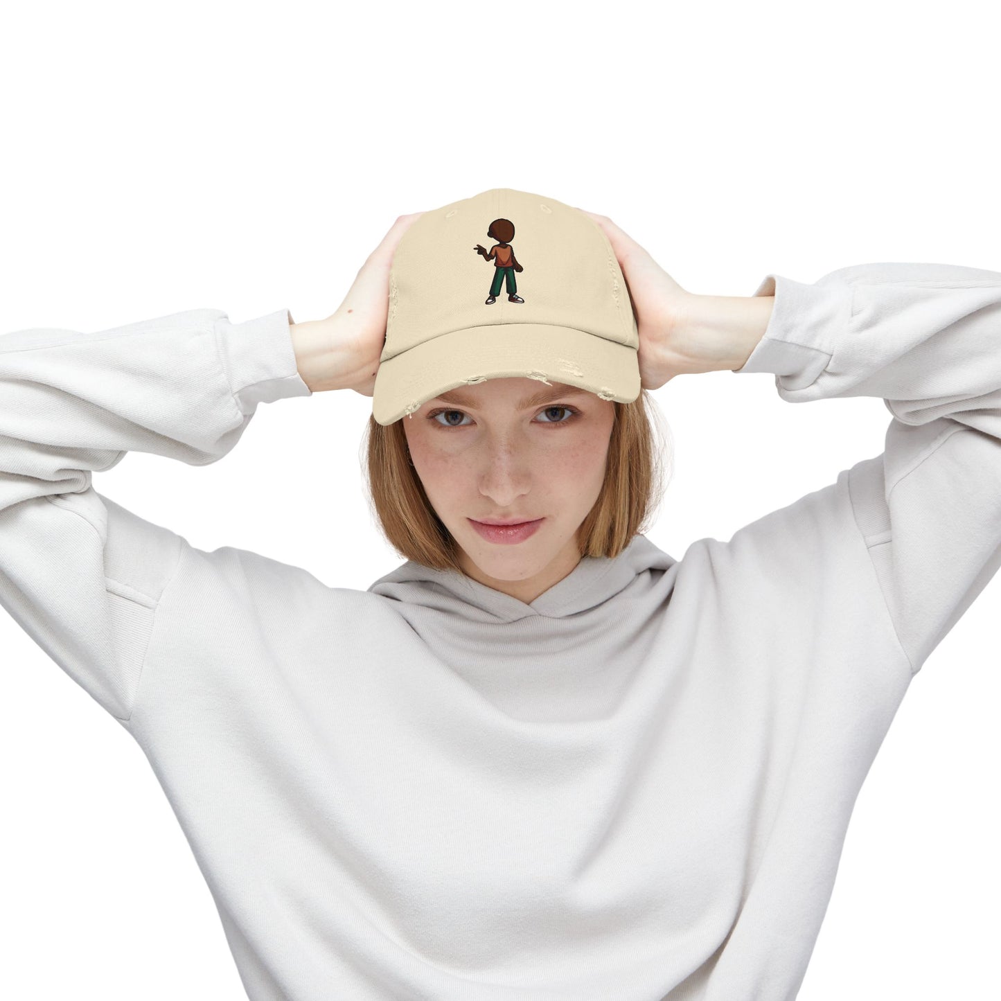 Distressed Black Dad Hat with Retro Boy Graphic — Casual Streetwear Cap