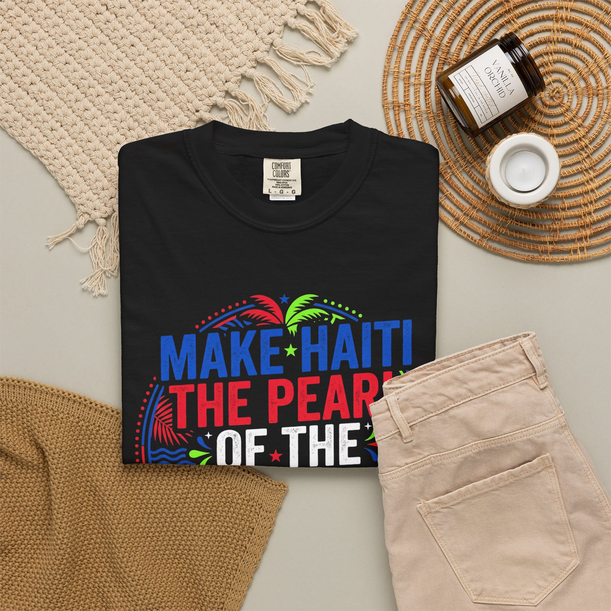 Make Haiti the Pearl — T‑Shirt (Antilles Pride, Colorful Retro Globe Design)