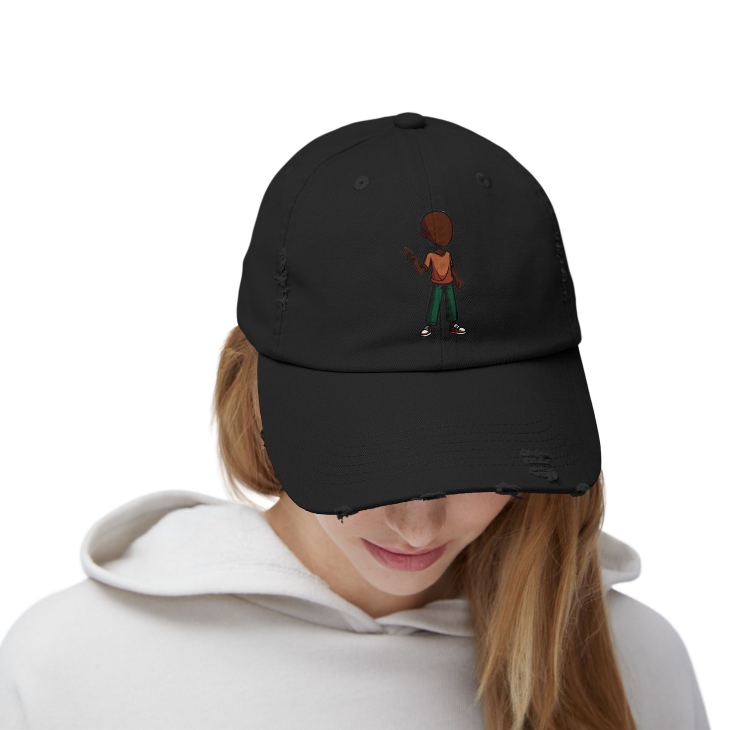 Distressed Black Dad Hat with Retro Boy Graphic — Casual Streetwear Cap