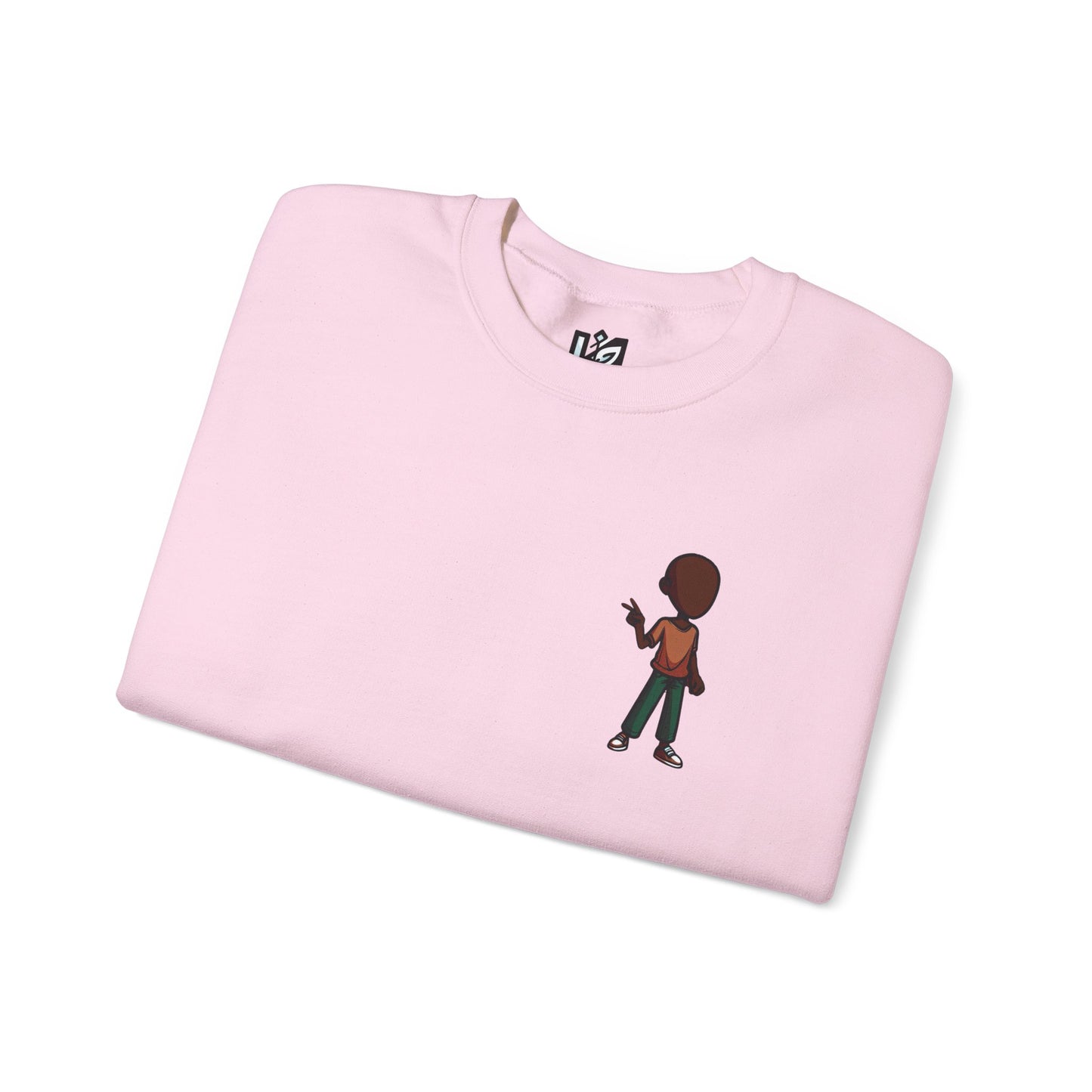 Crewneck Sweatshirt with Cartoon Guitarist & 'Rock On' Sleeve Graphic
