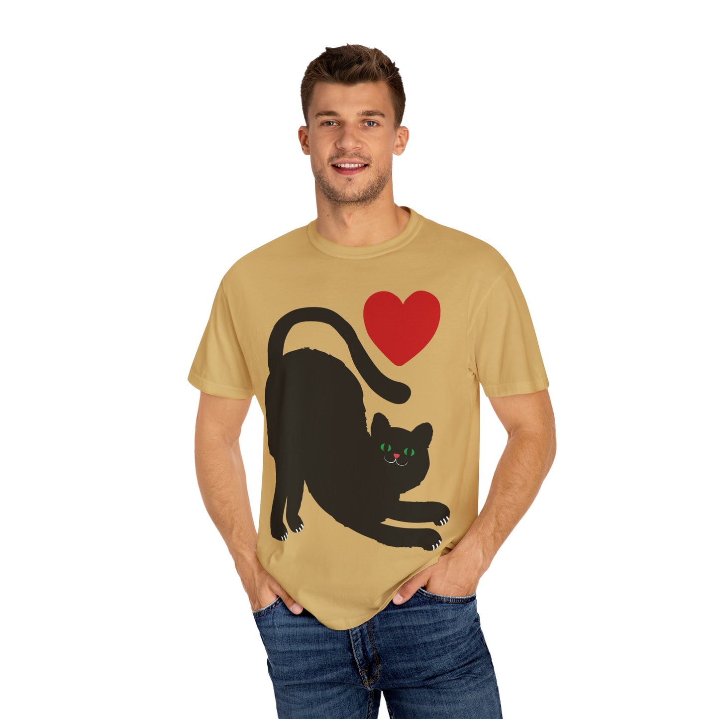 Cute Cat Lover's Unisex Garment-Dyed T-Shirt - Playful Black Cat with Heart Design