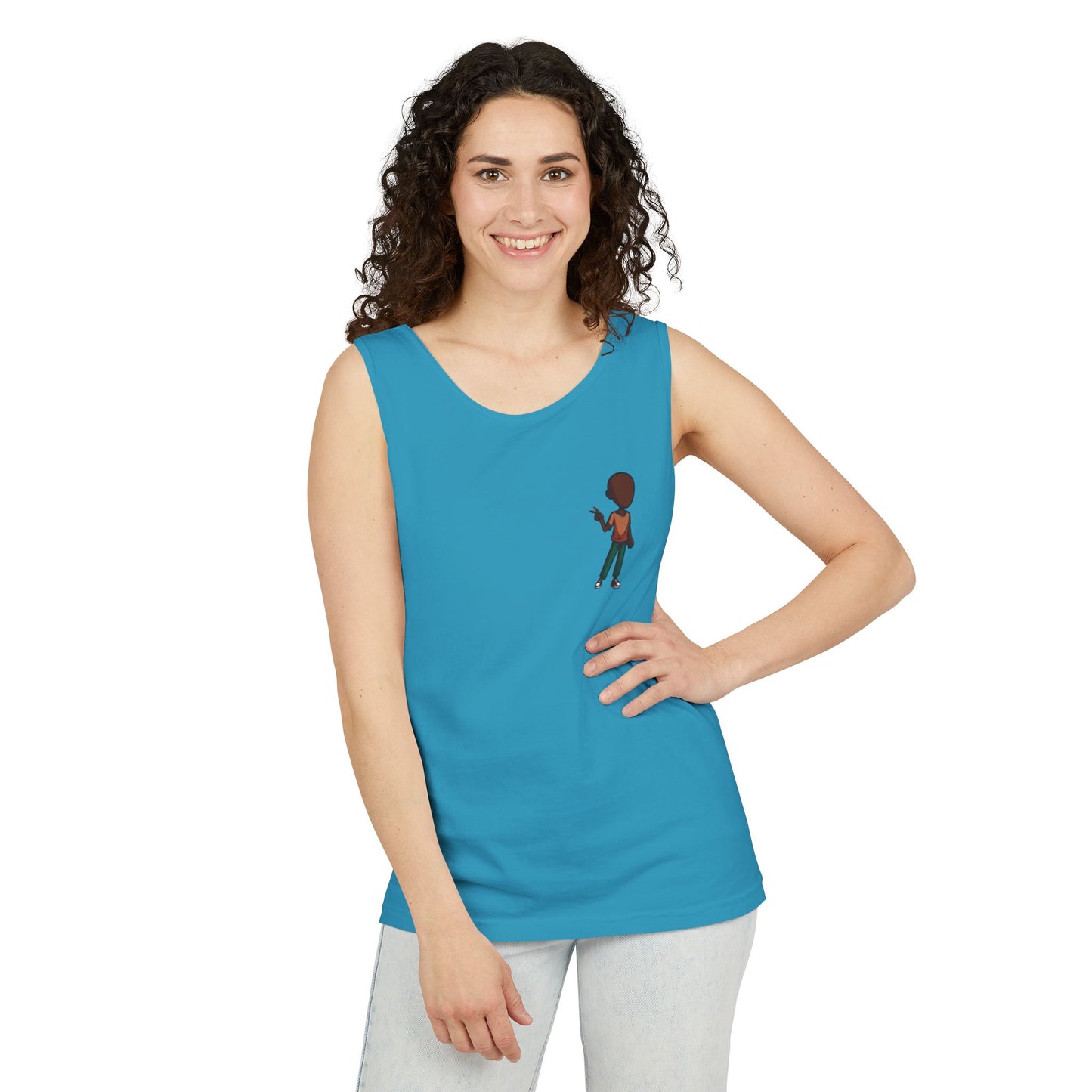 Minimalist Coffee Lover Tank — Small Cartoon Person Holding Mug Graphic Tank Top