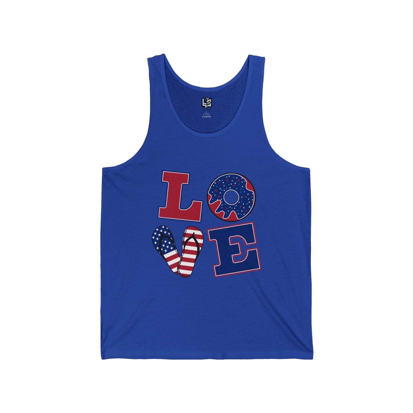 Unisex Jersey Tank - ‘LOVE’ Patriotic Design, Casual Summer Wear, 4th of July, Gifts for Him or Her, Fitness Gear, Festival Attire
