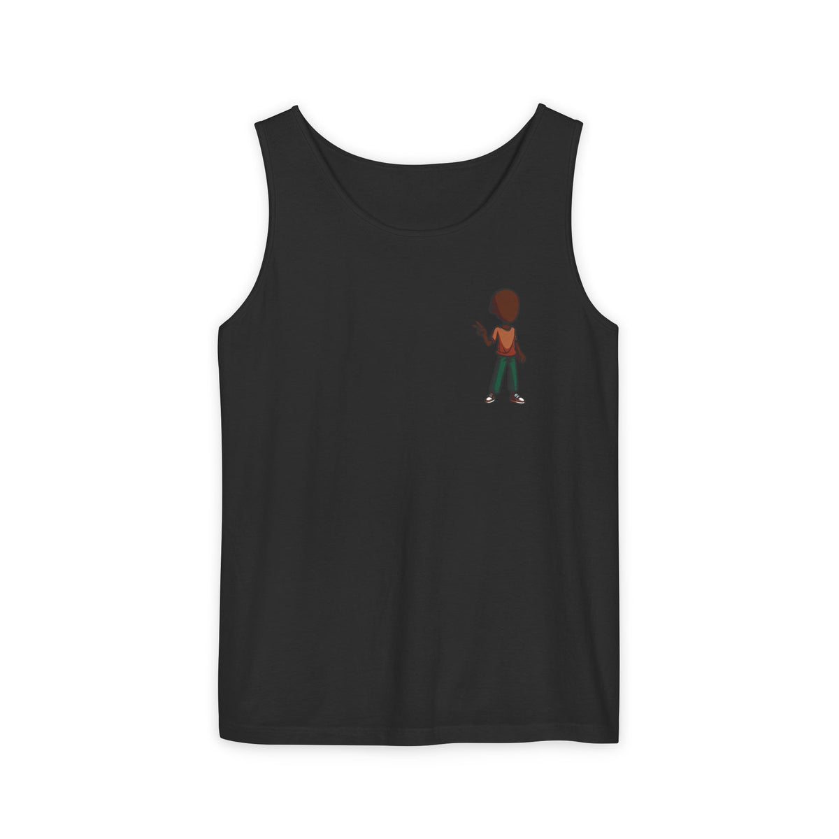 Minimalist Coffee Lover Tank — Small Cartoon Person Holding Mug Graphic Tank Top