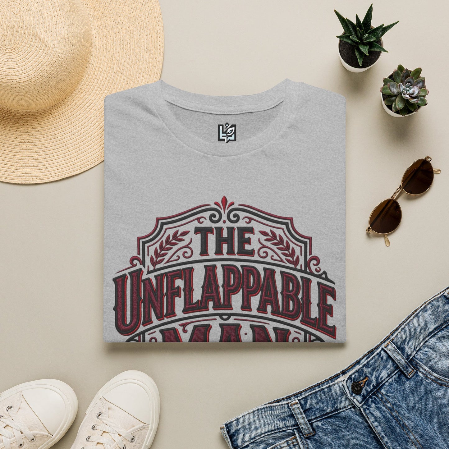 The Unflappable Man T-Shirt — Vintage Shield Graphic Tee for Confident Guys