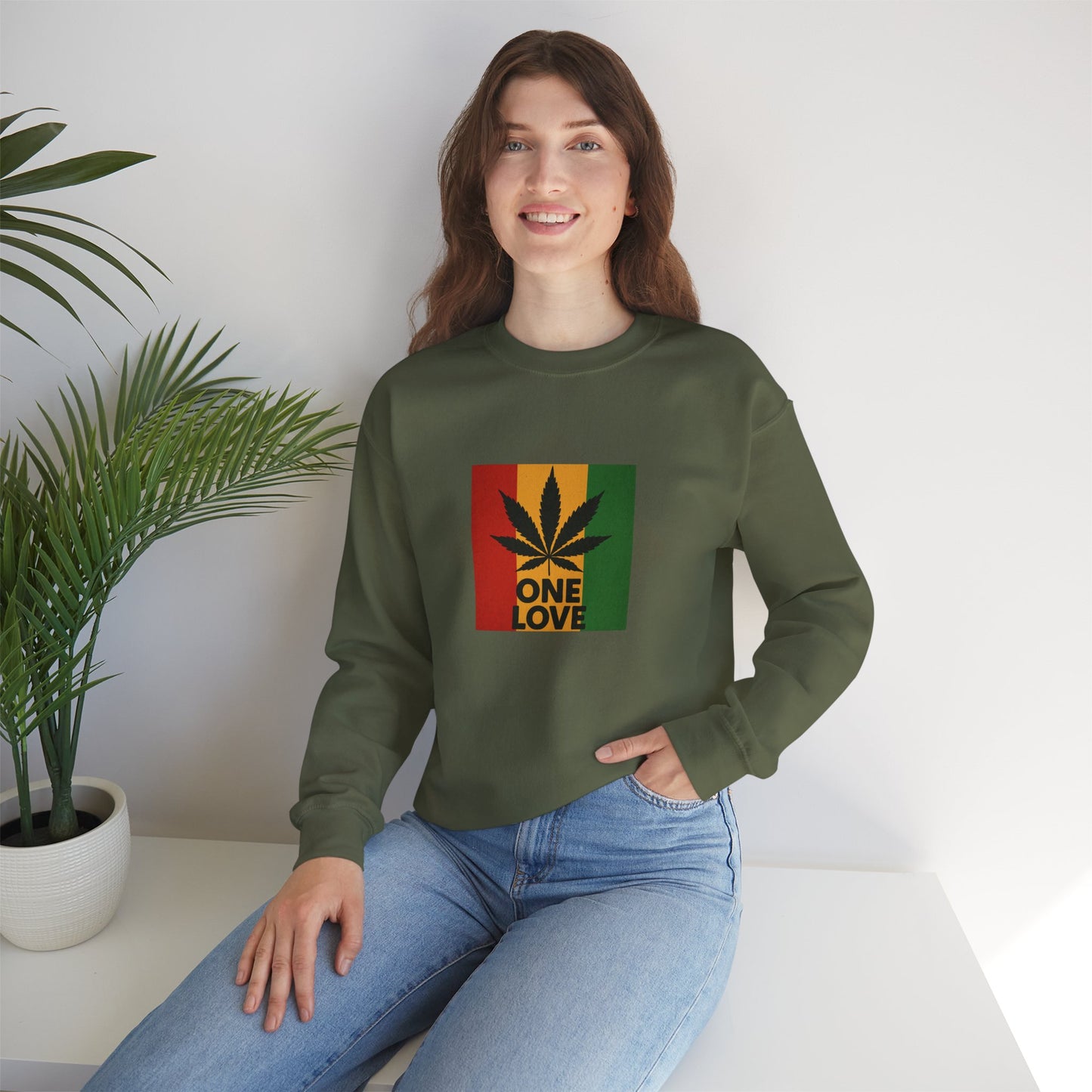 One Love Cannabis Crewneck Sweatshirt | Unisex Pullover | Cozy Streetwear, Gift for Stoners, Rasta Style Sweatshirt, Chill Vibes Apparel