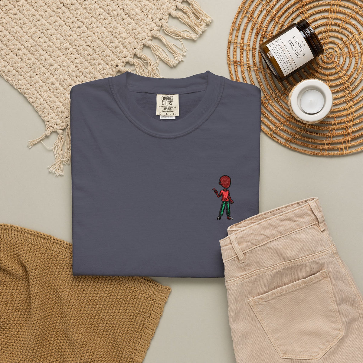 T-Shirt — Tiny Red-Haired Skateboarder Chest Graphic, Minimal Streetwear Tee