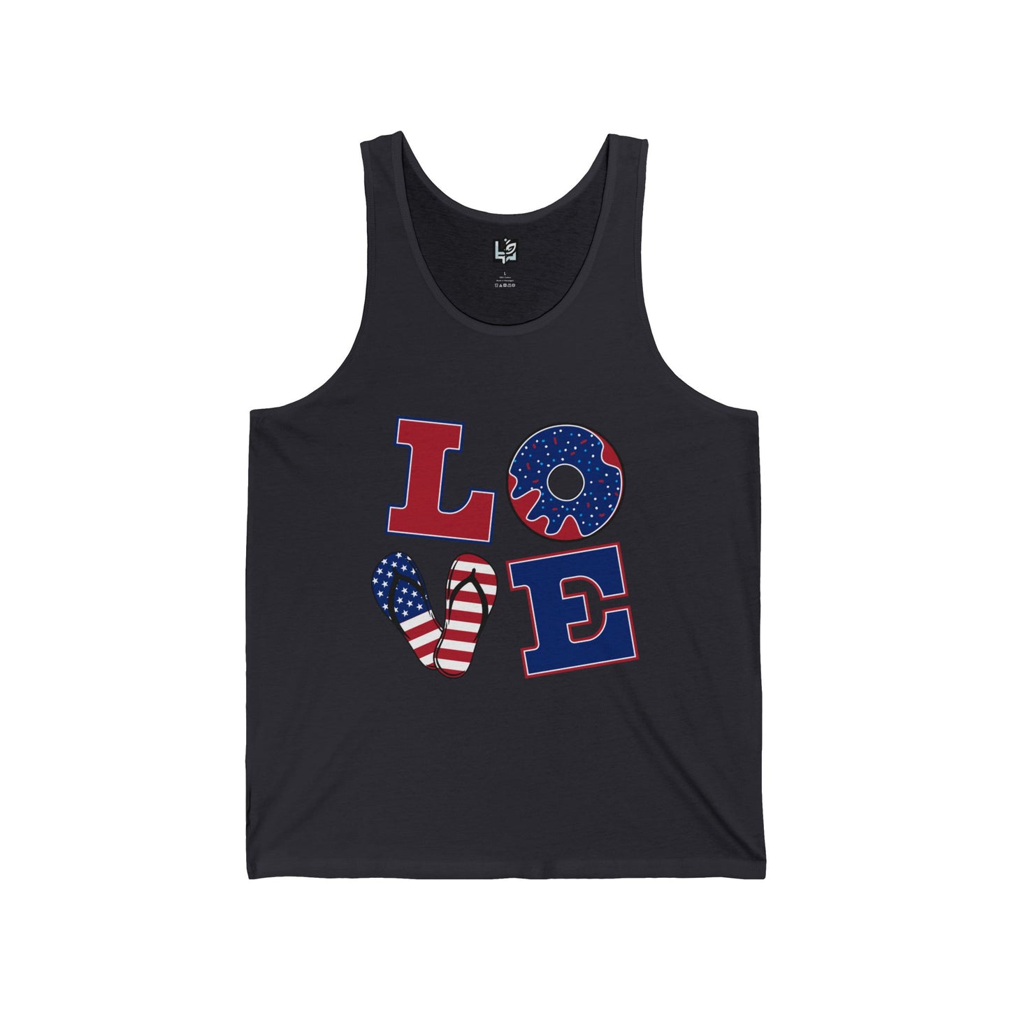 Unisex Jersey Tank - ‘LOVE’ Patriotic Design, Casual Summer Wear, 4th of July, Gifts for Him or Her, Fitness Gear, Festival Attire