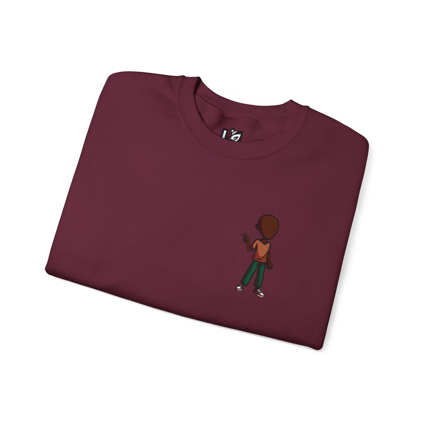 Crewneck Sweatshirt with Cartoon Guitarist & 'Rock On' Sleeve Graphic