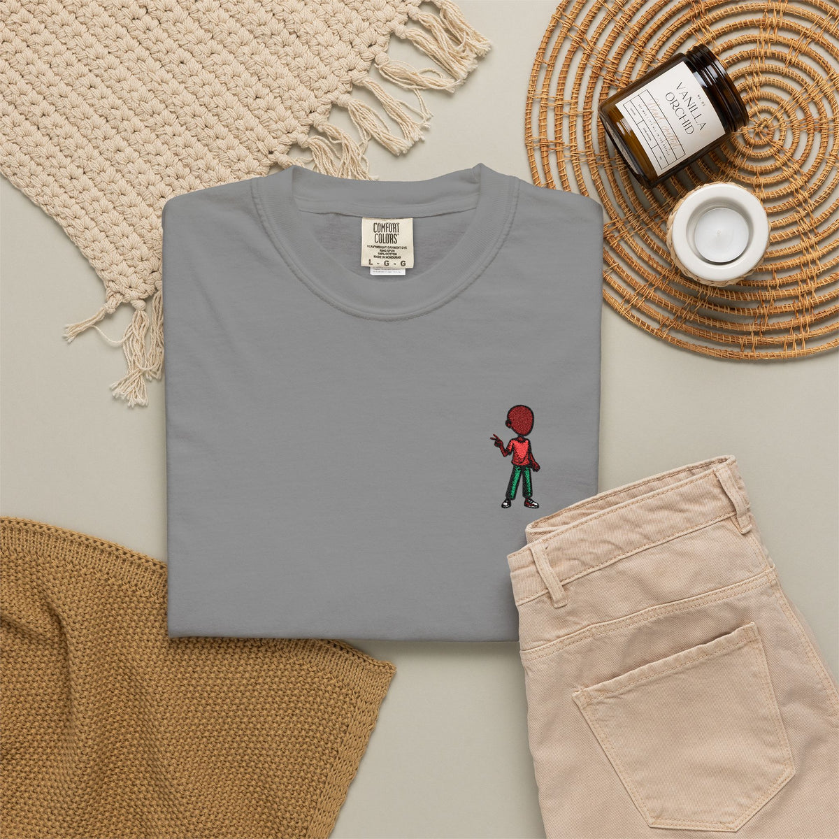 T-Shirt — Tiny Red-Haired Skateboarder Chest Graphic, Minimal Streetwear Tee