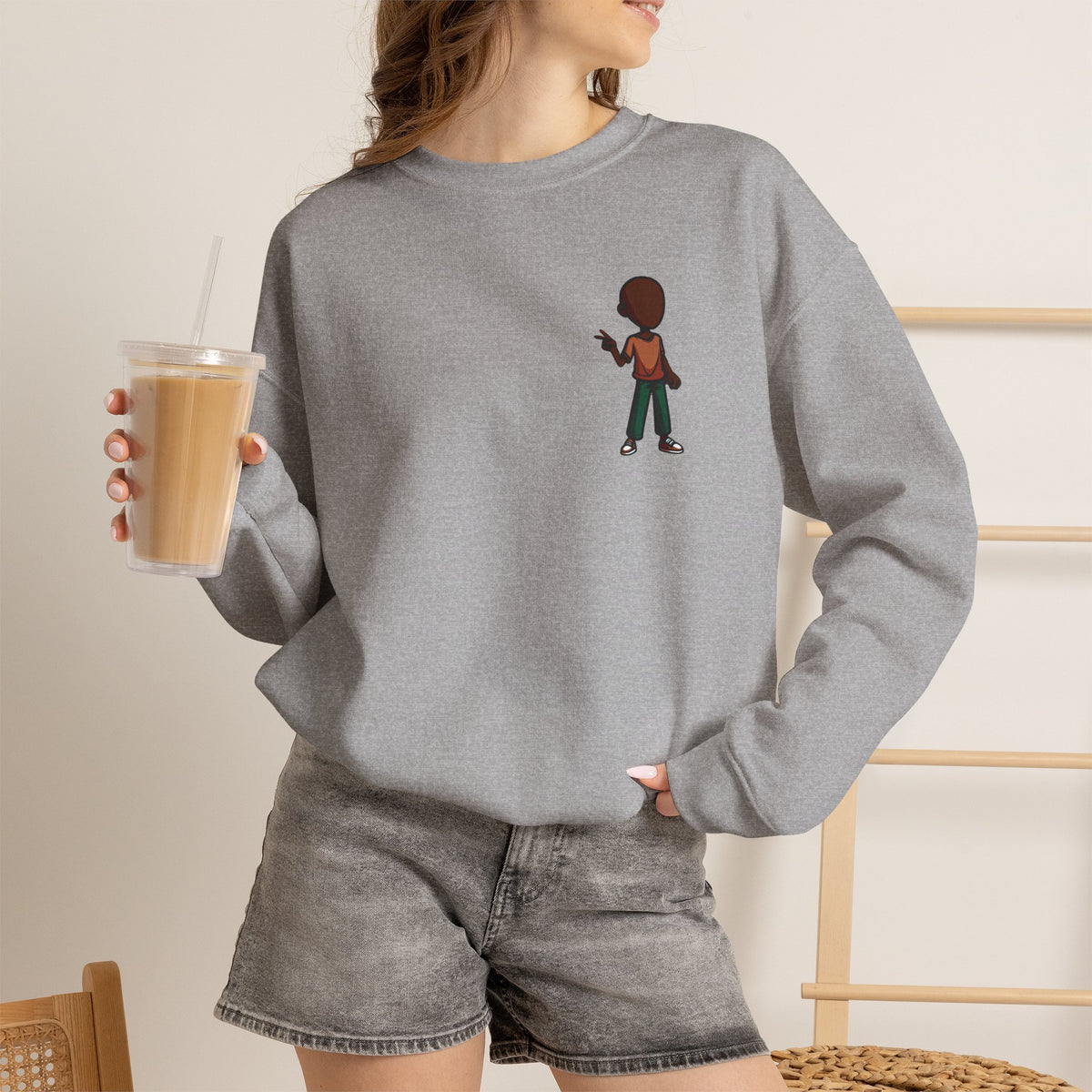 Crewneck Sweatshirt with Cartoon Guitarist & 'Rock On' Sleeve Graphic