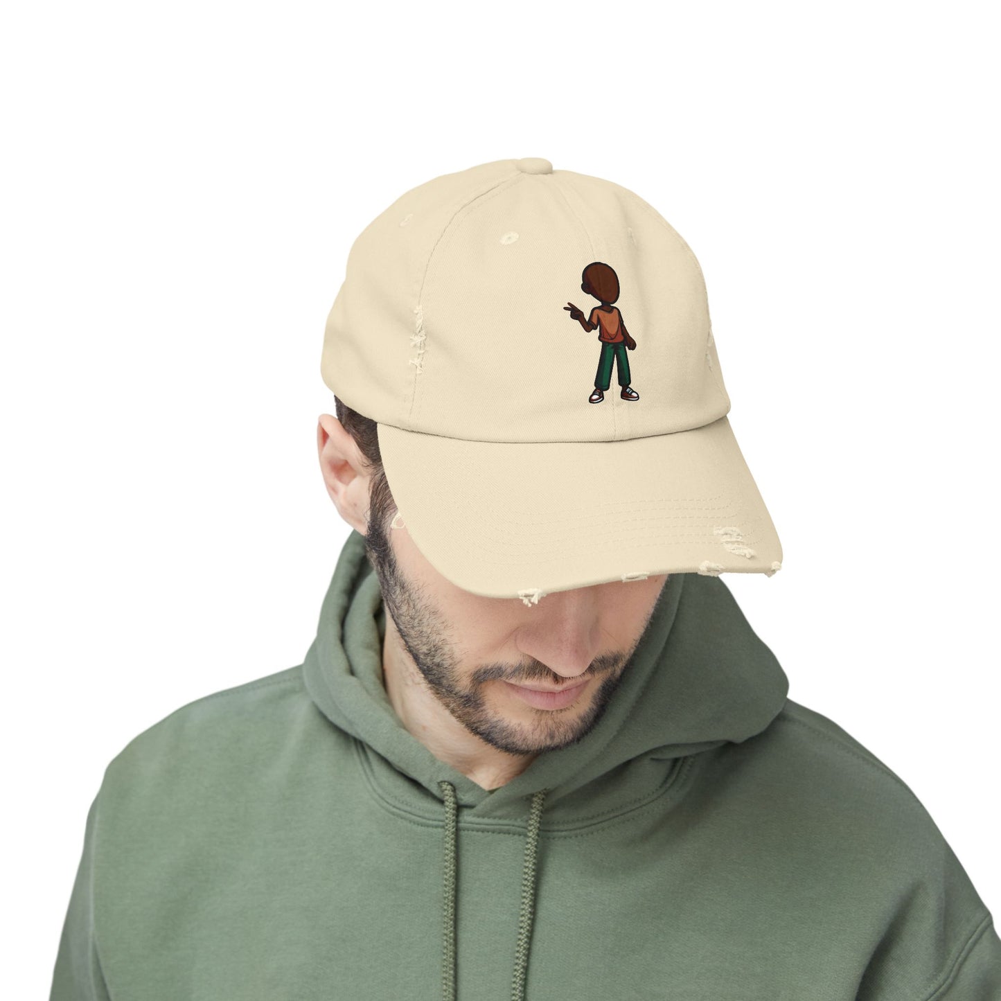 Distressed Black Dad Hat with Retro Boy Graphic — Casual Streetwear Cap