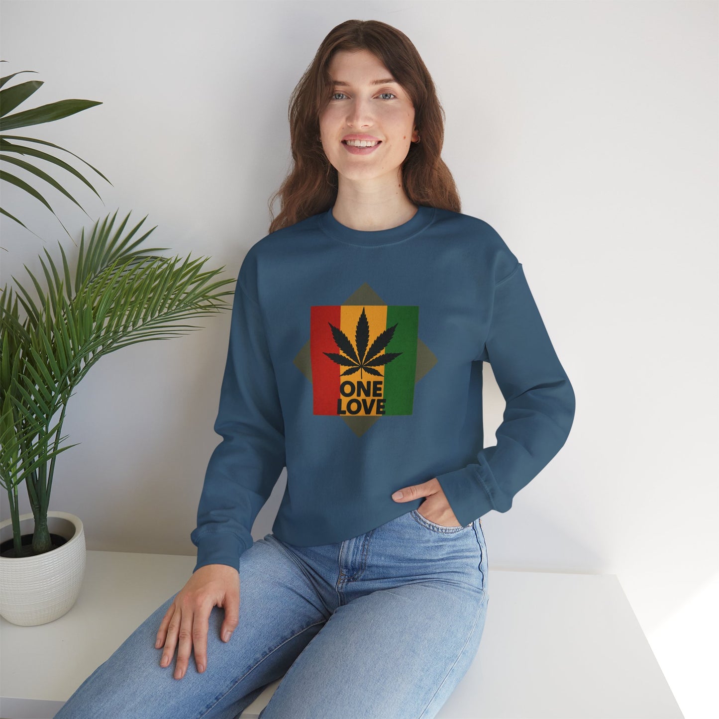 One Love Cannabis Crewneck Sweatshirt | Unisex Pullover | Cozy Streetwear, Gift for Stoners, Rasta Style Sweatshirt, Chill Vibes Apparel