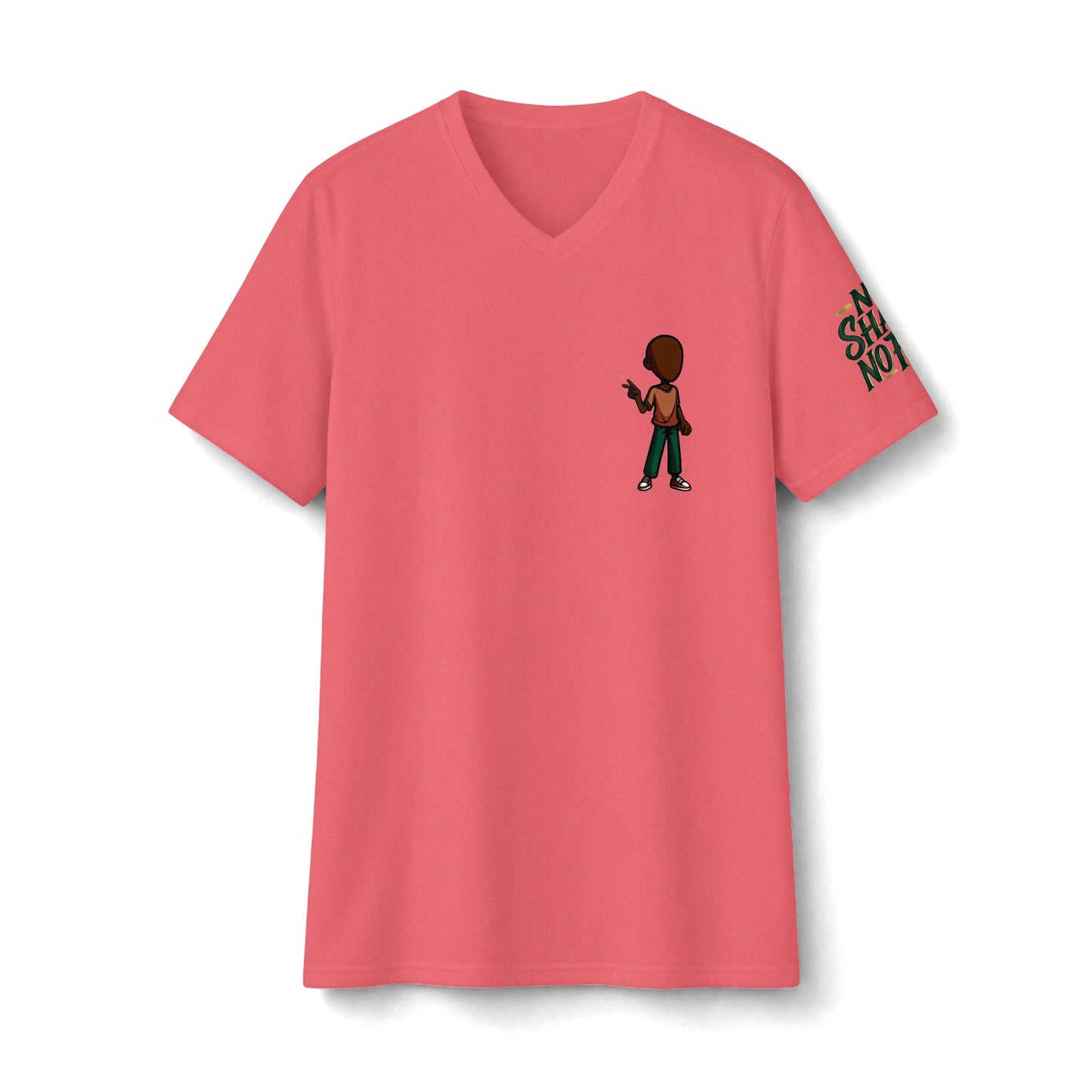 V‑Neck Tee — Small Backturned Character Chest Print with “No Smoke No Ash” Sleeve Text