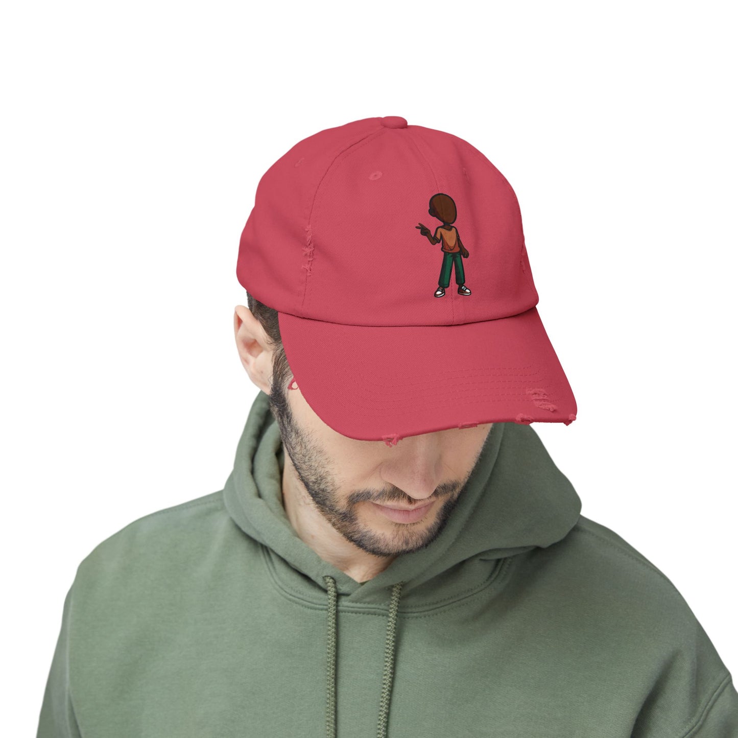 Distressed Black Dad Hat with Retro Boy Graphic — Casual Streetwear Cap