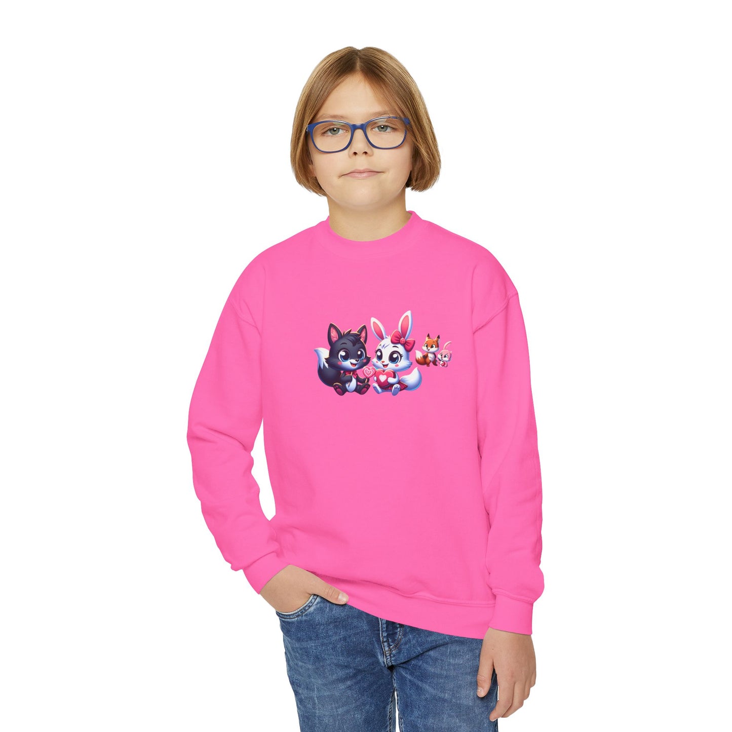 Youth Sweatshirt — Cute Cartoon Kawaii Cats & Bunny Graphic