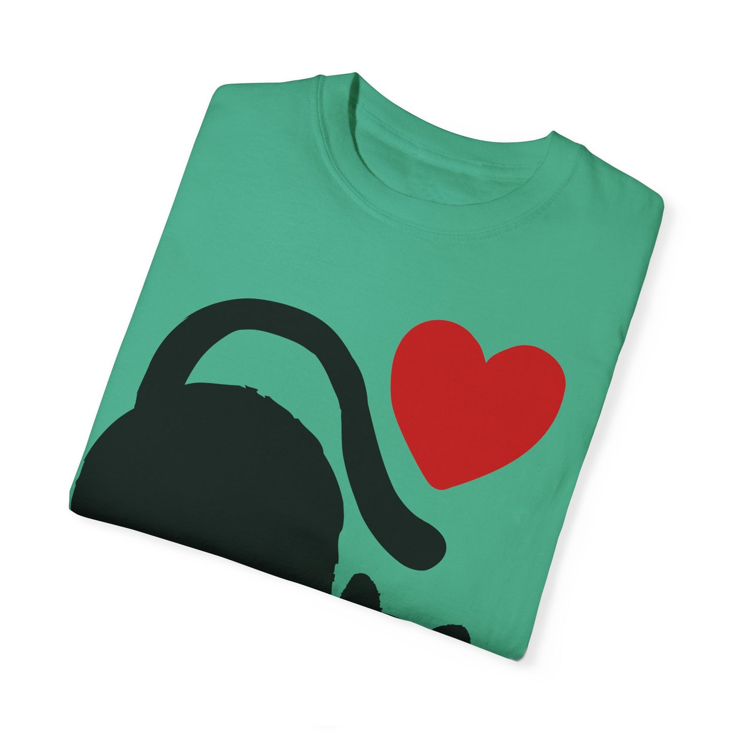 Cute Cat Lover's Unisex Garment-Dyed T-Shirt - Playful Black Cat with Heart Design