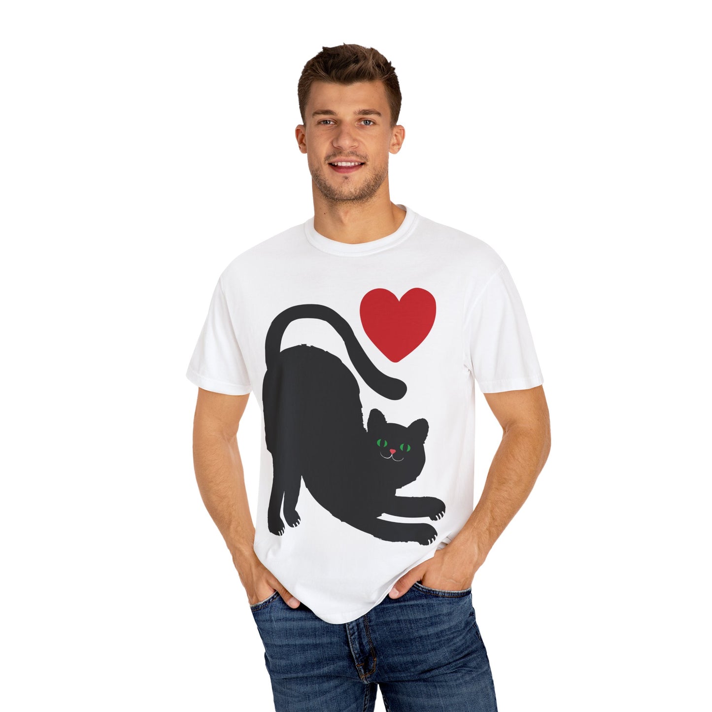 Cute Cat Lover's Unisex Garment-Dyed T-Shirt - Playful Black Cat with Heart Design