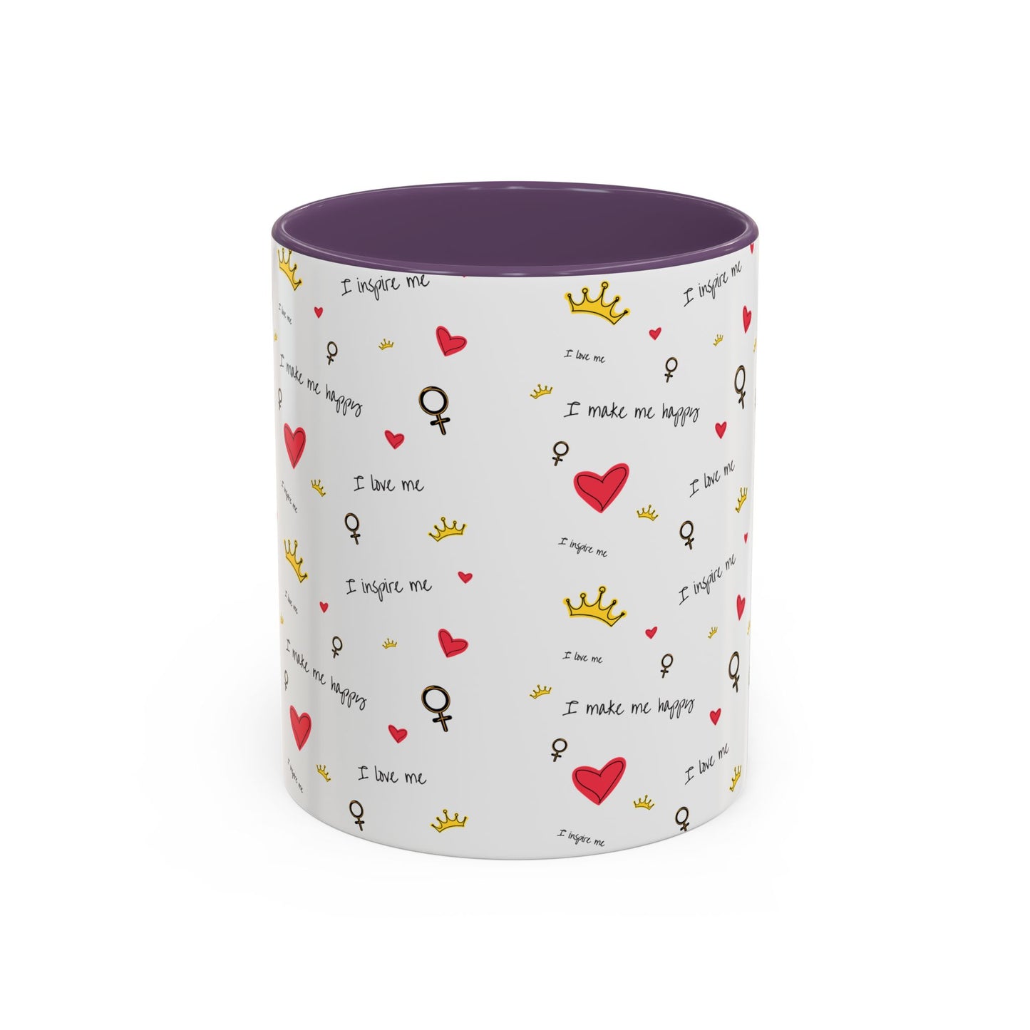 Inspirational Accent Coffee Mug - "I Love Me", Red Hearts and Crowns, Perfect Gift for Self-Care